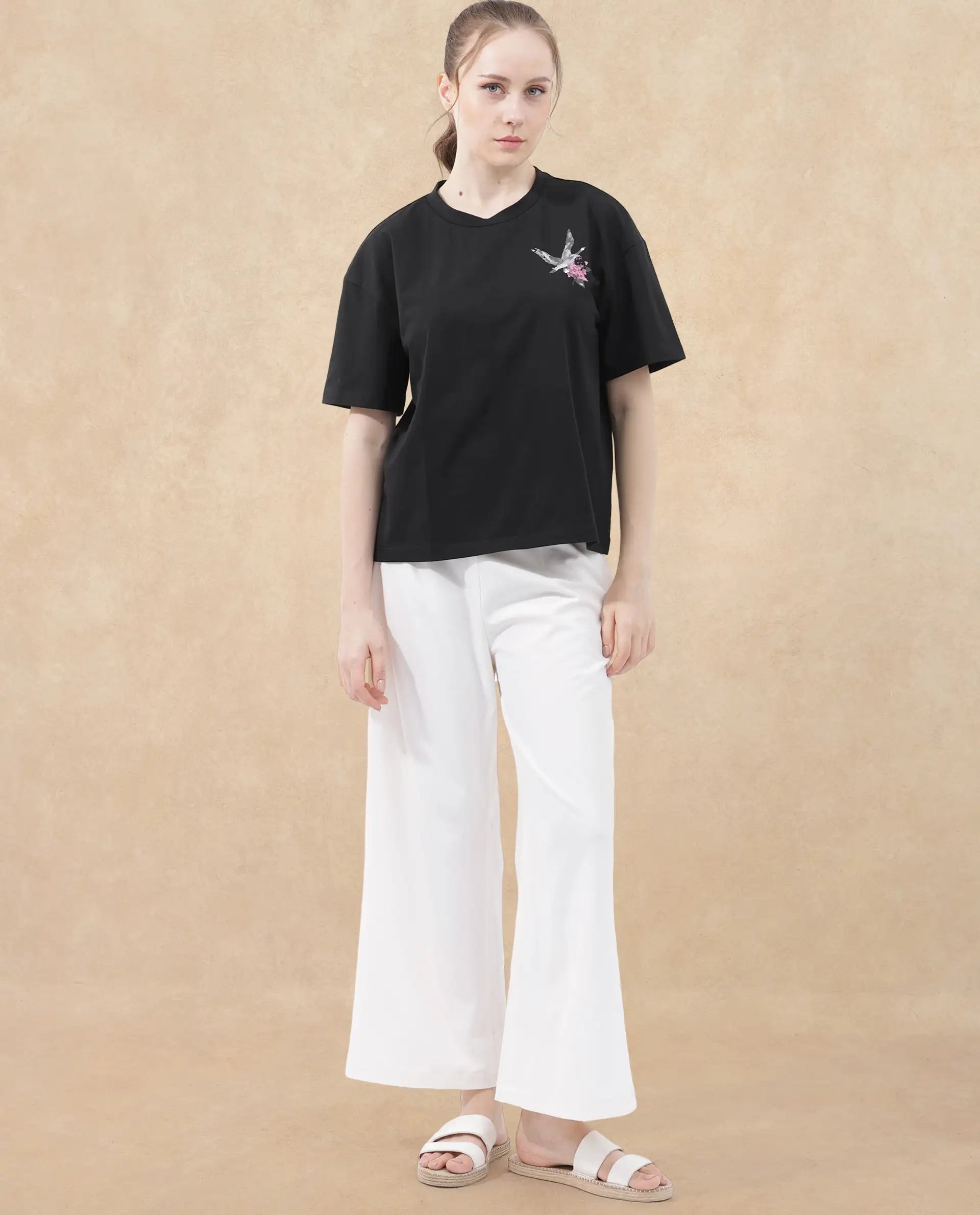 Rareism Women Birdy Black Cotton Elastane Fabric Crew Neck Knit Solid T-Shirt