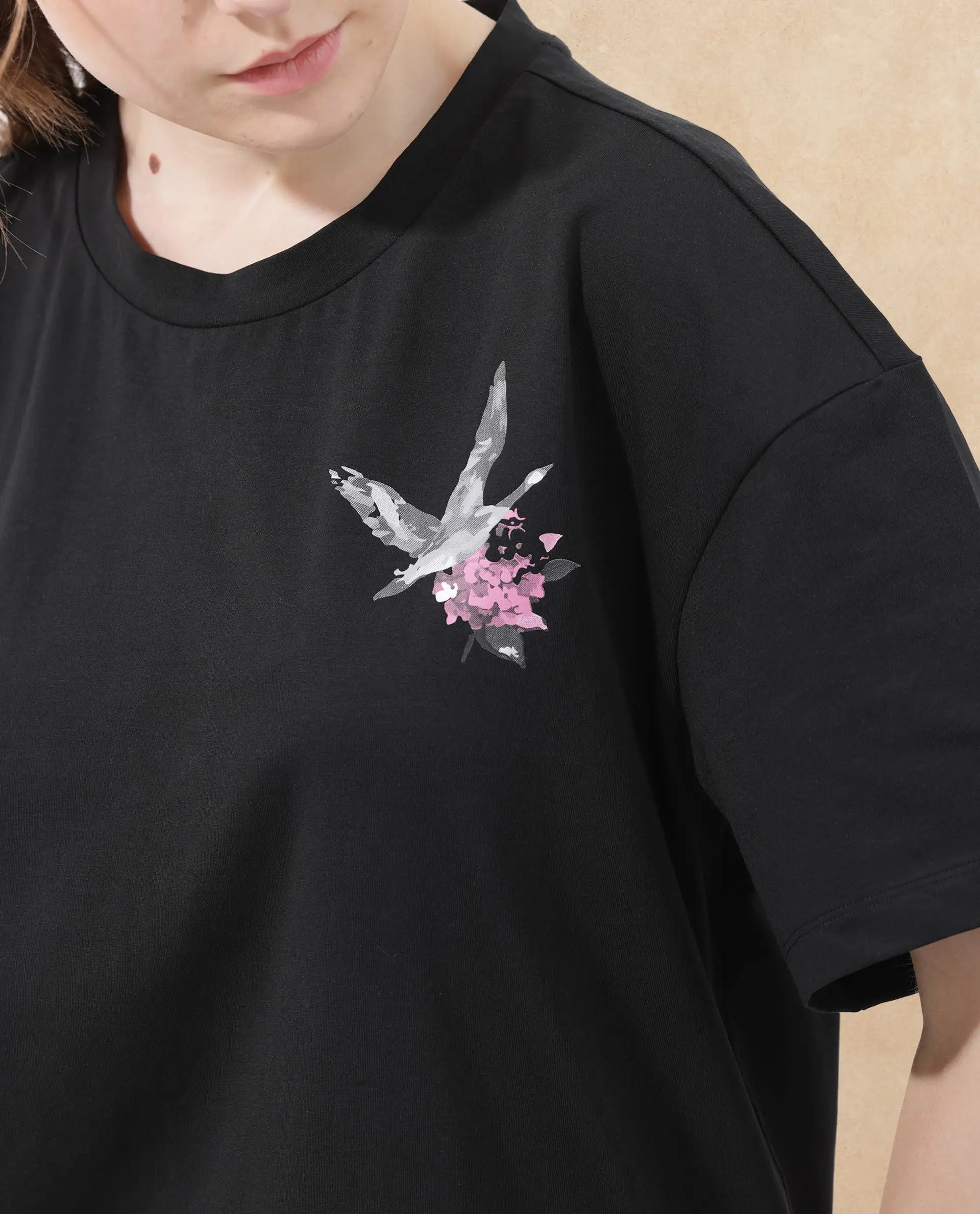 Rareism Women Birdy Black Cotton Elastane Fabric Crew Neck Knit Solid T-Shirt