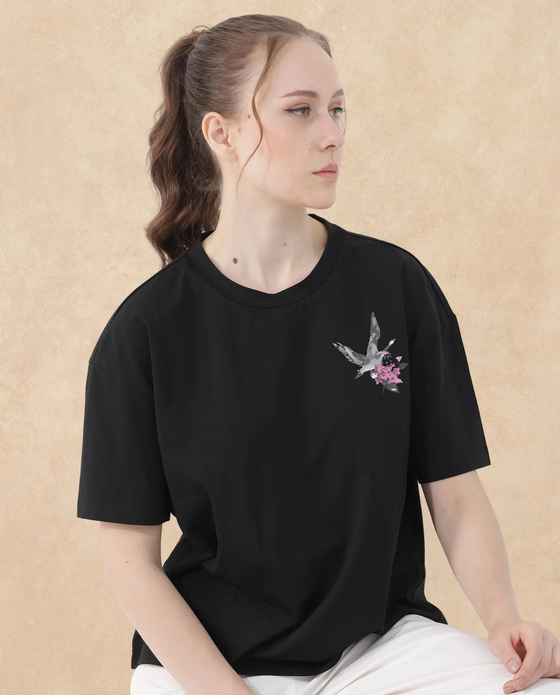 Rareism Women Birdy Black Cotton Elastane Fabric Crew Neck Knit Solid T-Shirt