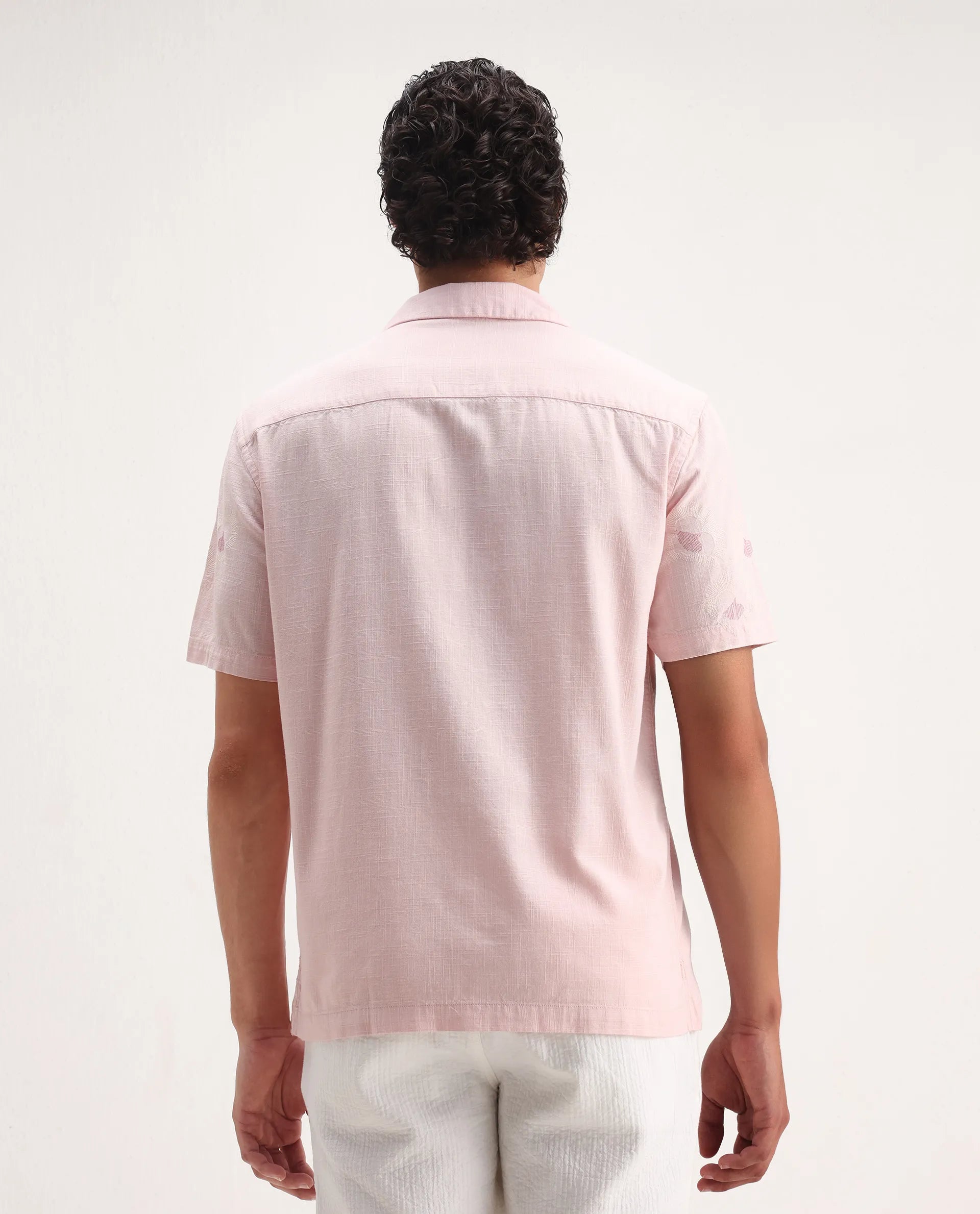 Rare Rabbit Men's Birk Pink Cotton Blend Embroidered Boxy Fit Half Sleeve Cuban Collar Shirt