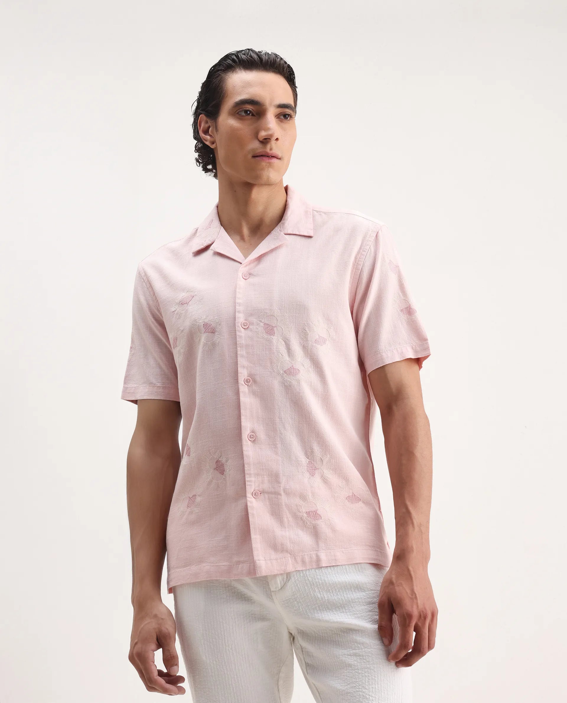Rare Rabbit Men's Birk Pink Cotton Blend Embroidered Boxy Fit Half Sleeve Cuban Collar Shirt