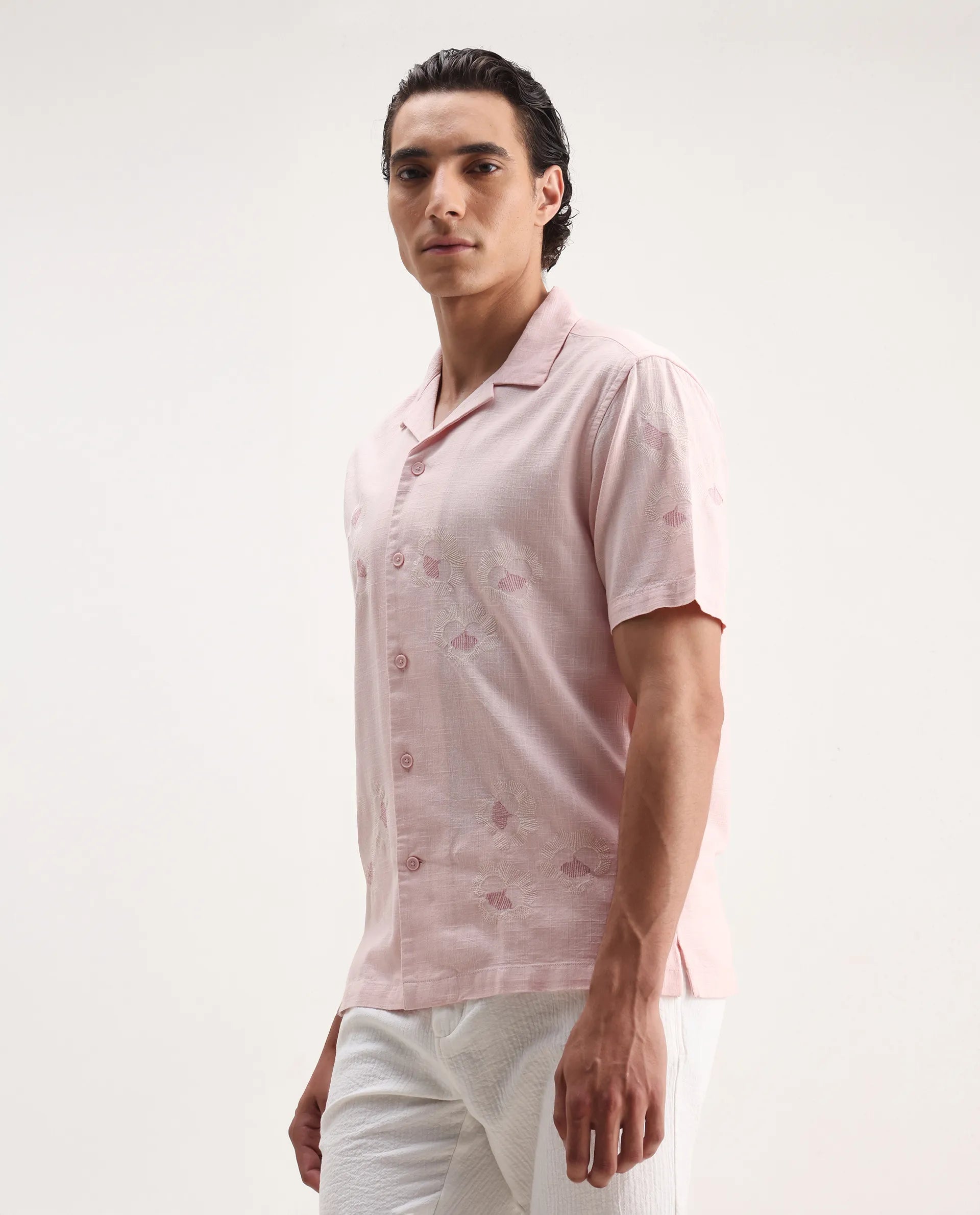 Rare Rabbit Men's Birk Pink Cotton Blend Embroidered Boxy Fit Half Sleeve Cuban Collar Shirt