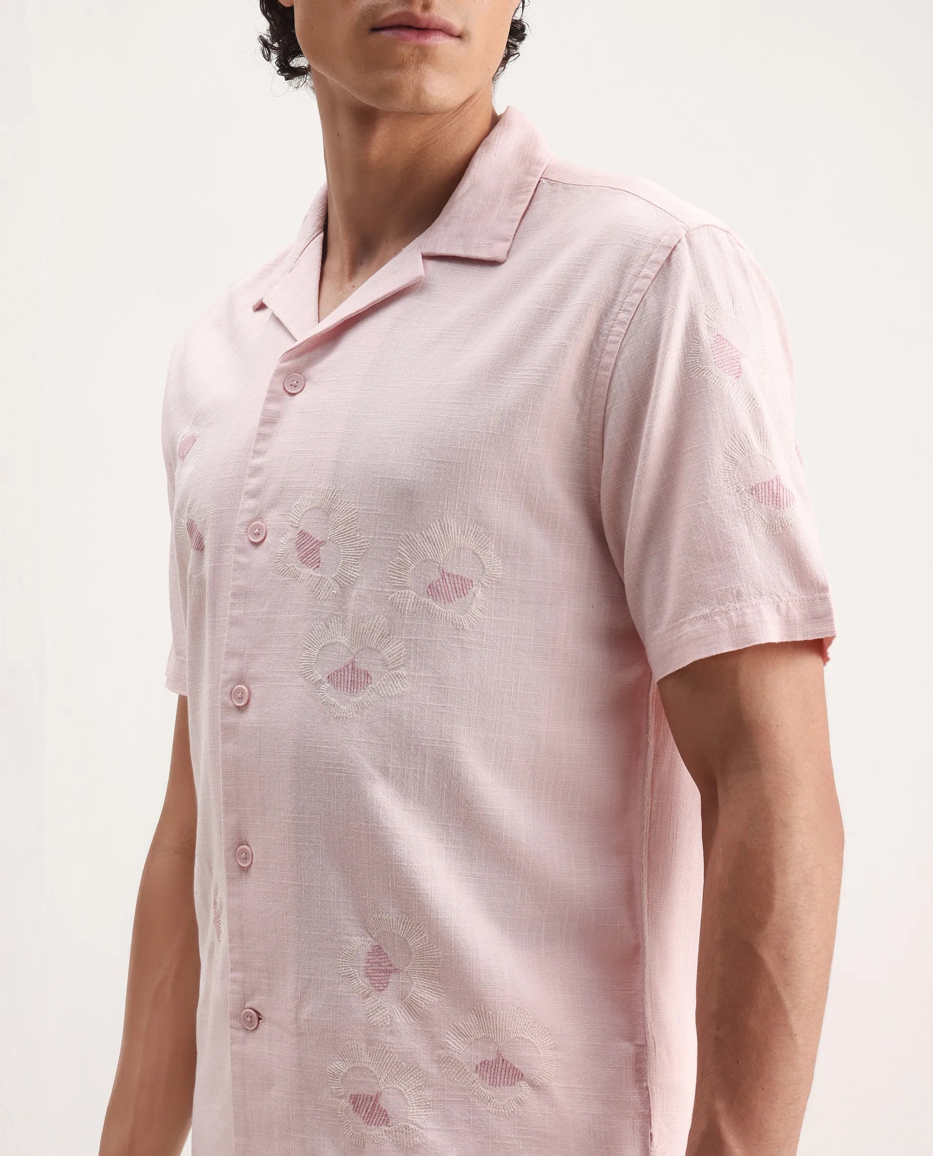 Rare Rabbit Men's Birk Pink Cotton Blend Embroidered Boxy Fit Half Sleeve Cuban Collar Shirt