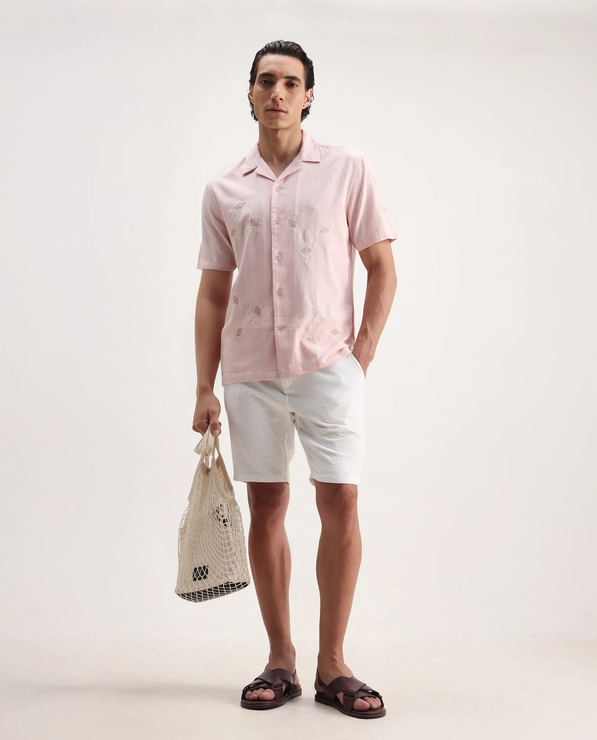 Rare Rabbit Men's Birk Pink Cotton Blend Embroidered Boxy Fit Half Sleeve Cuban Collar Shirt