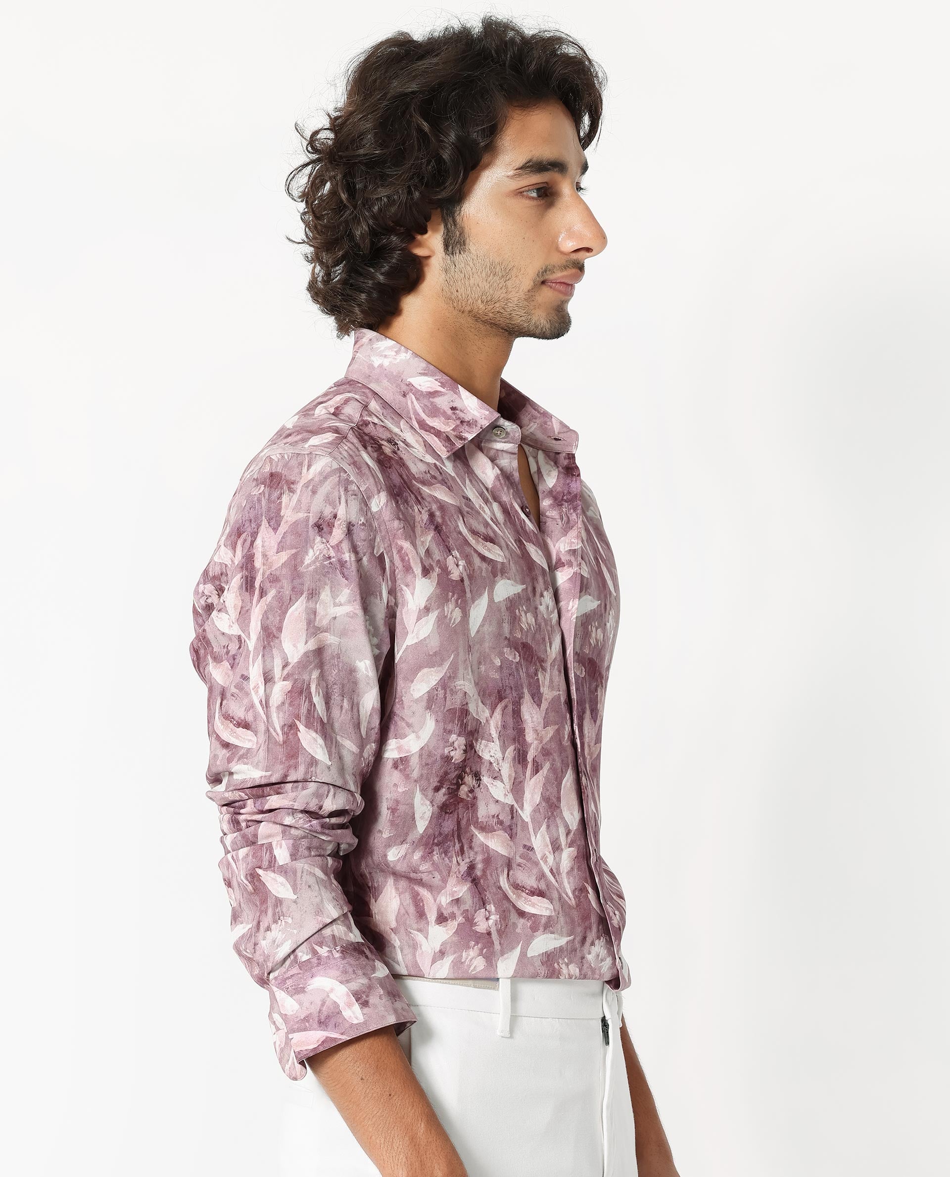 Rare Rabbit Men's Biskra Light Grey Viscose Fabric Full Sleeves Tropical Print Shirt