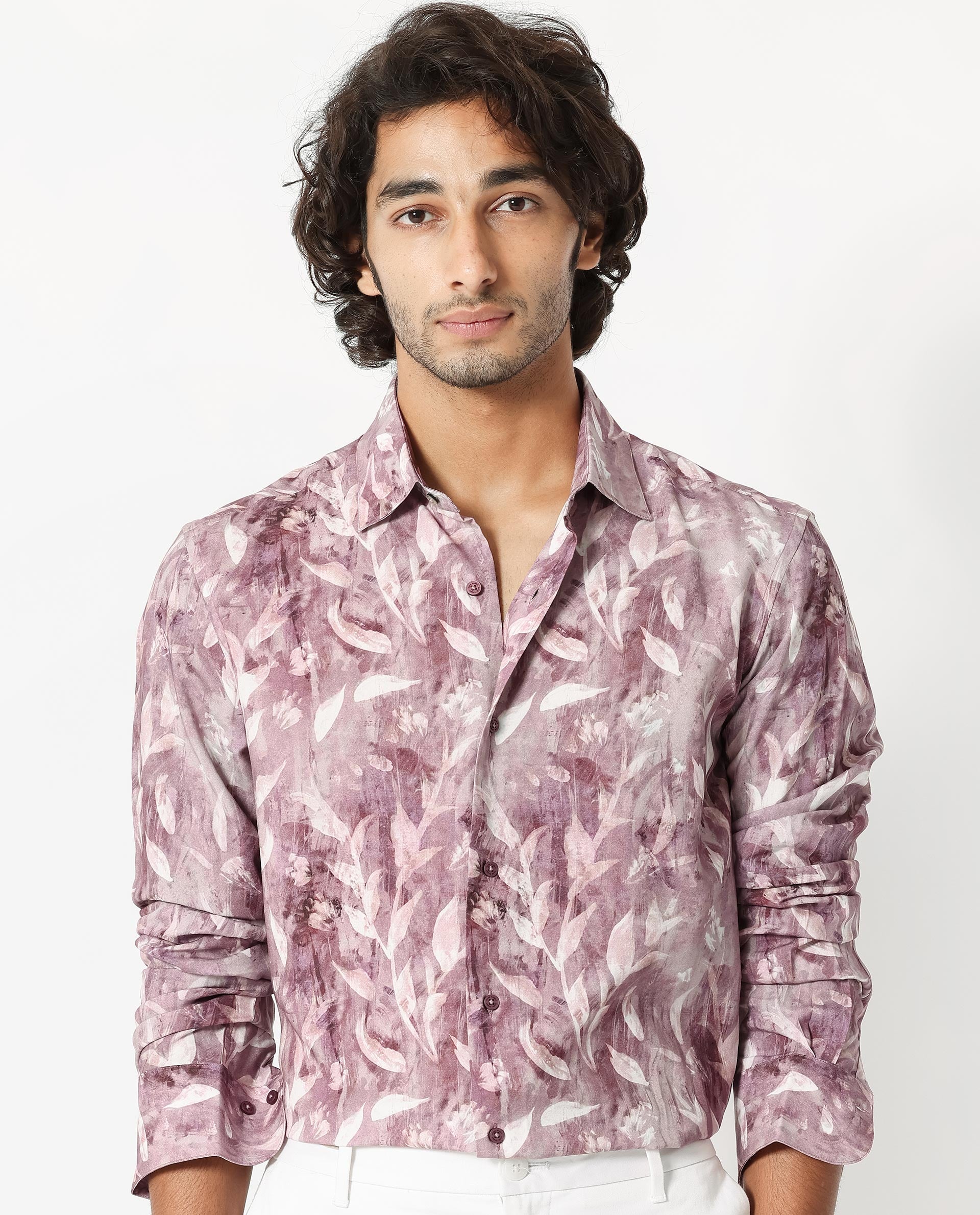 Rare Rabbit Men's Biskra Light Grey Viscose Fabric Full Sleeves Tropical Print Shirt