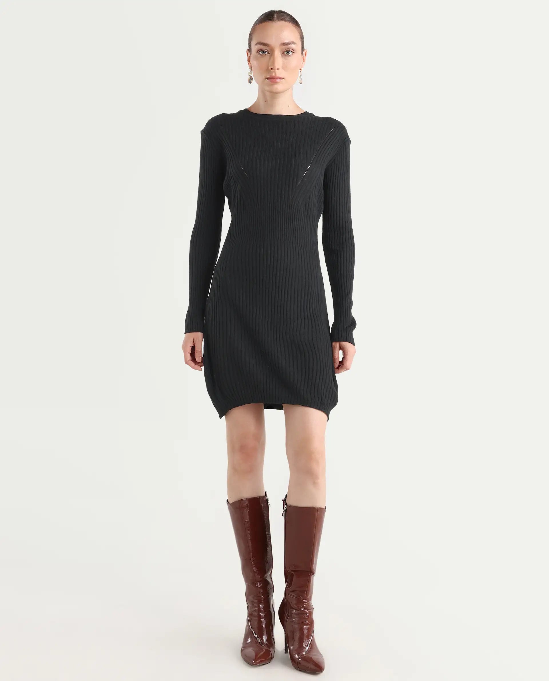 Rareism Women's Biyanca Black Acrylic Crew Neck Plain Mini Bodycon Dress