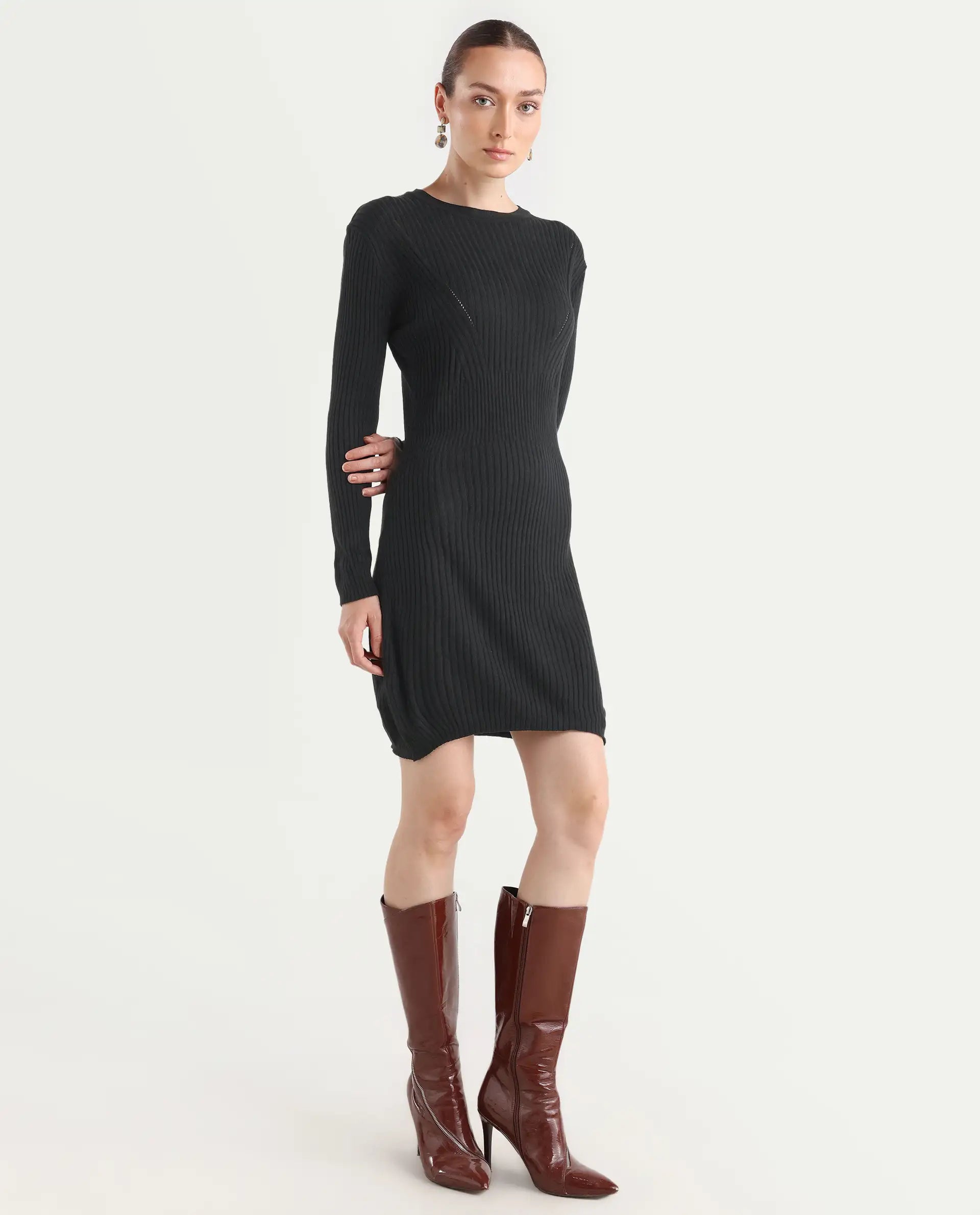 Rareism Women's Biyanca Black Acrylic Crew Neck Plain Mini Bodycon Dress