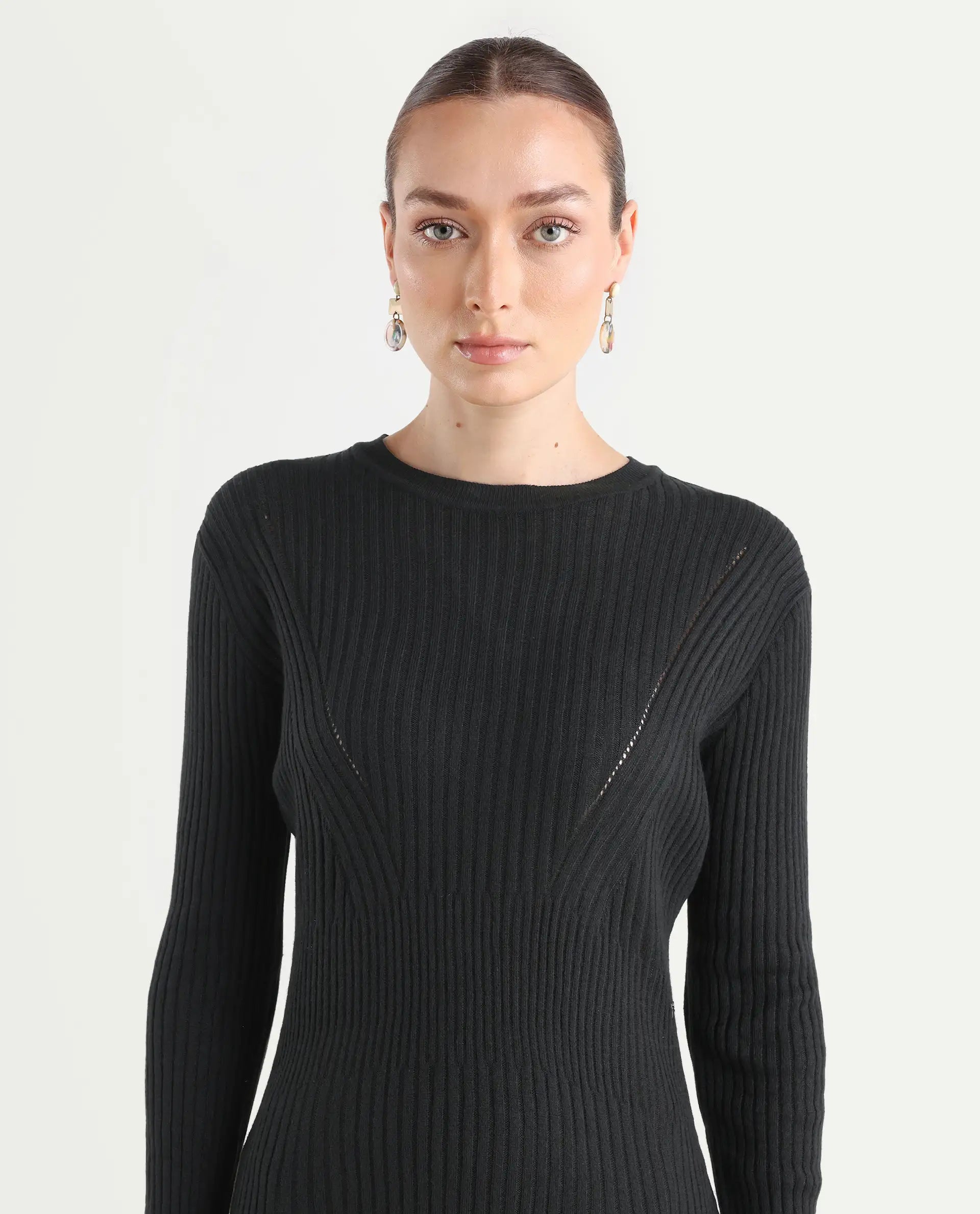 Rareism Women's Biyanca Black Acrylic Crew Neck Plain Mini Bodycon Dress