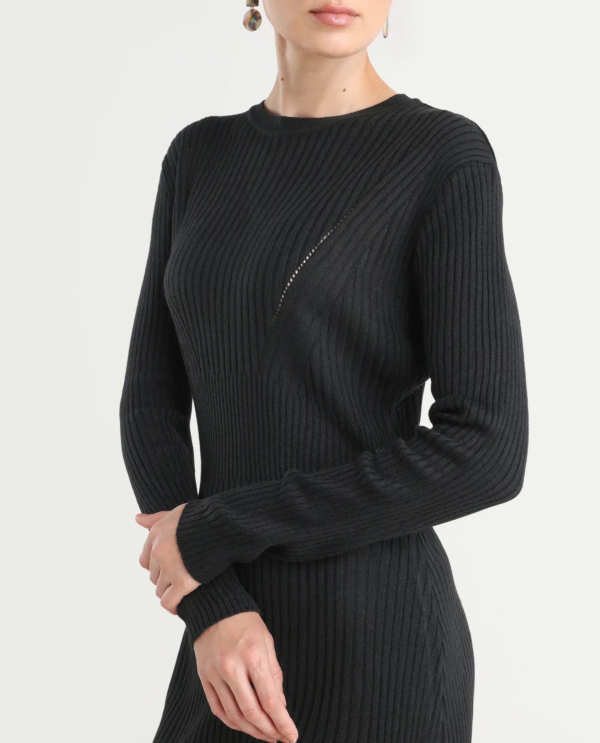 Rareism Women's Biyanca Black Acrylic Crew Neck Plain Mini Bodycon Dress