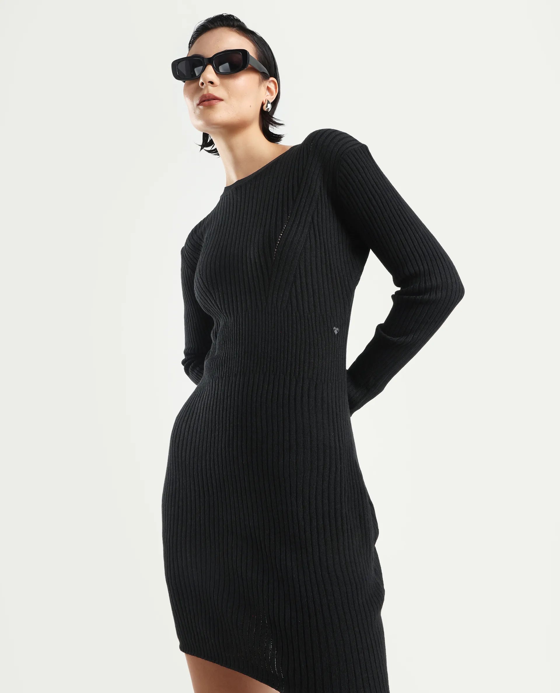 Rareism Women's Biyanca Black Acrylic Crew Neck Plain Mini Bodycon Dress