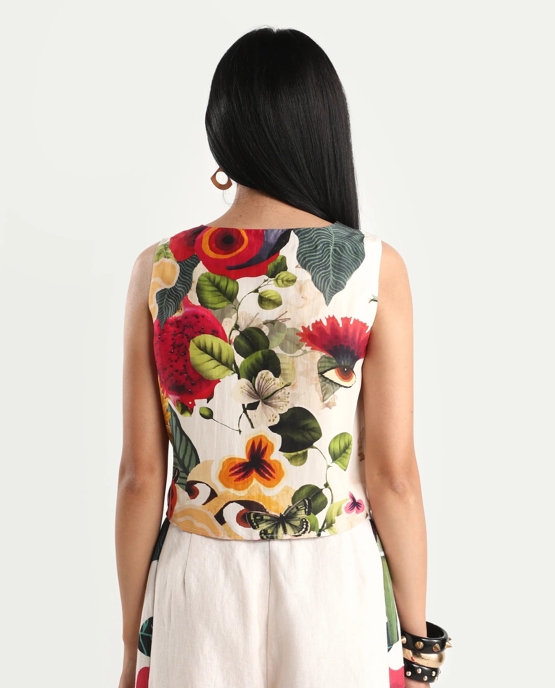 Rareism Women's Bizmar Off White Silk Sleeveless Regular Fit Abstract Print Top