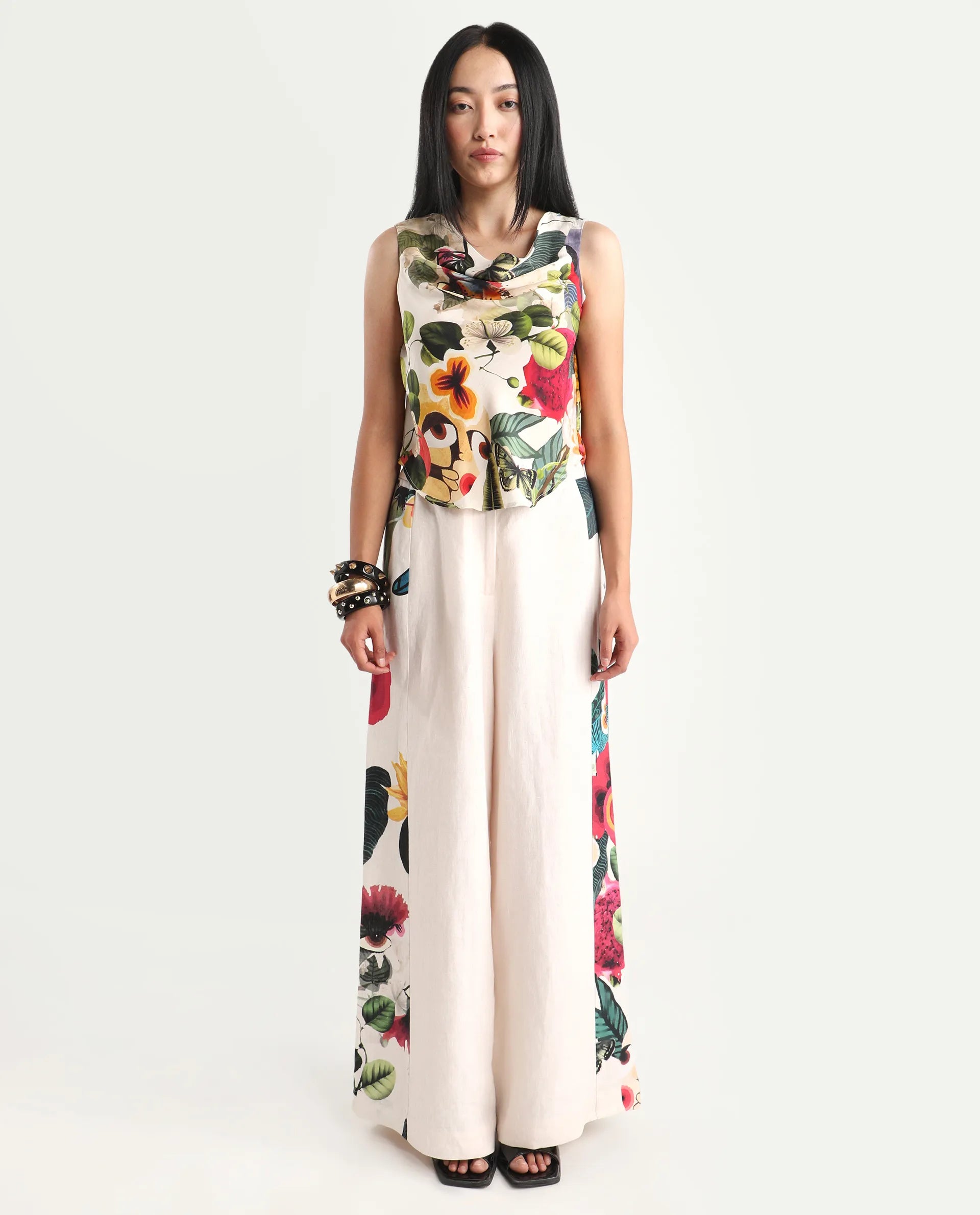 Rareism Women's Bizmar Off White Silk Sleeveless Regular Fit Abstract Print Top