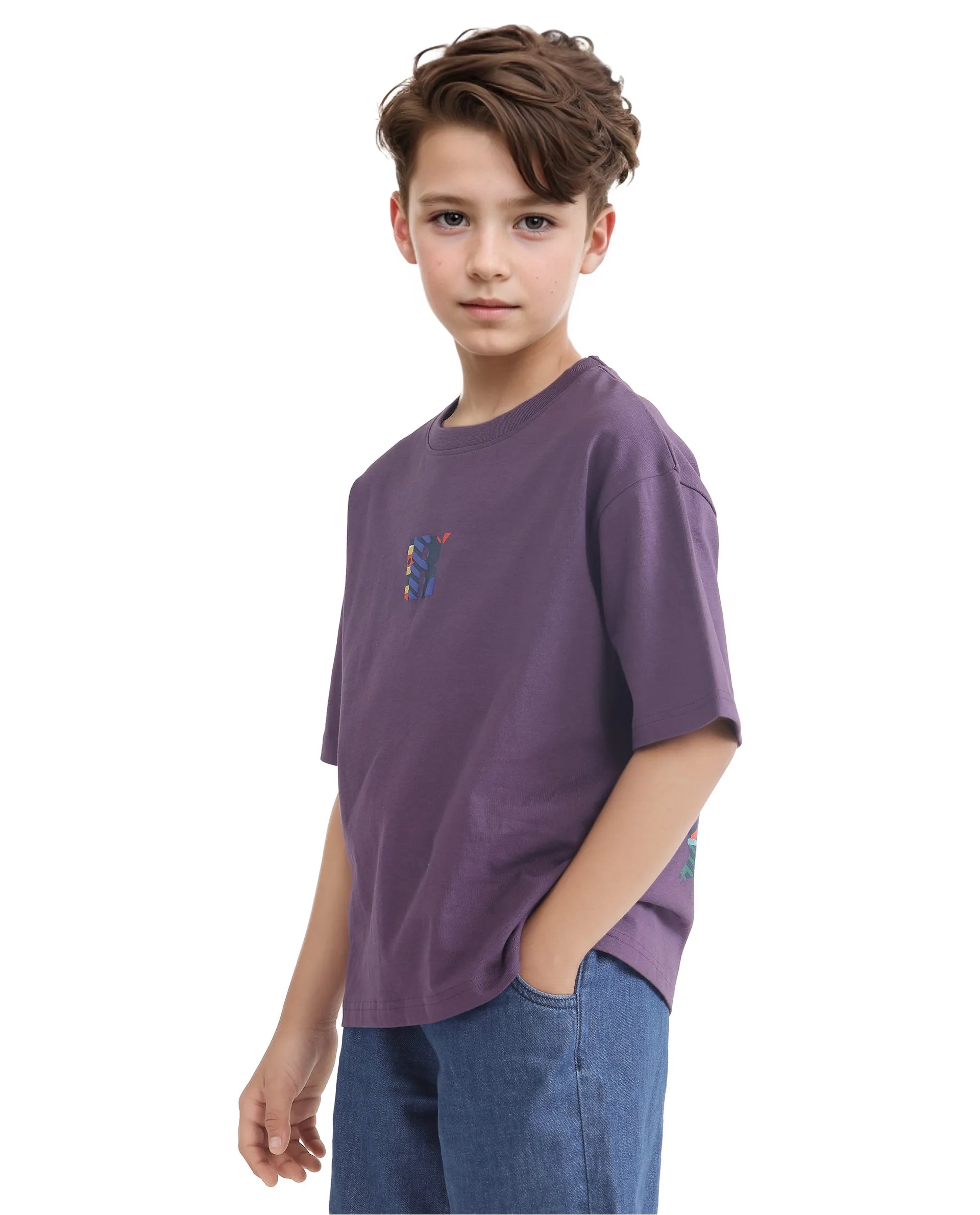 Rare Ones Kids Bjorn-K Dark Purple Cotton Half Sleeve Slip-On Printed Boxy Fit T-Shirt