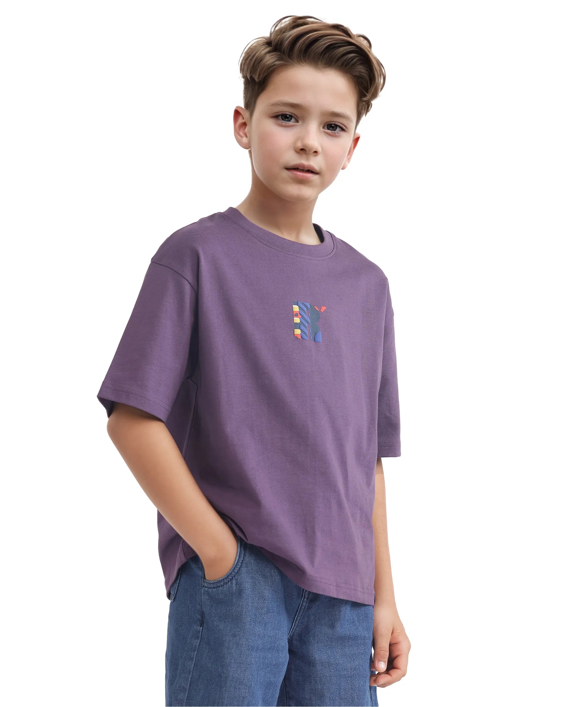 Rare Ones Kids Bjorn-K Dark Purple Cotton Half Sleeve Slip-On Printed Boxy Fit T-Shirt