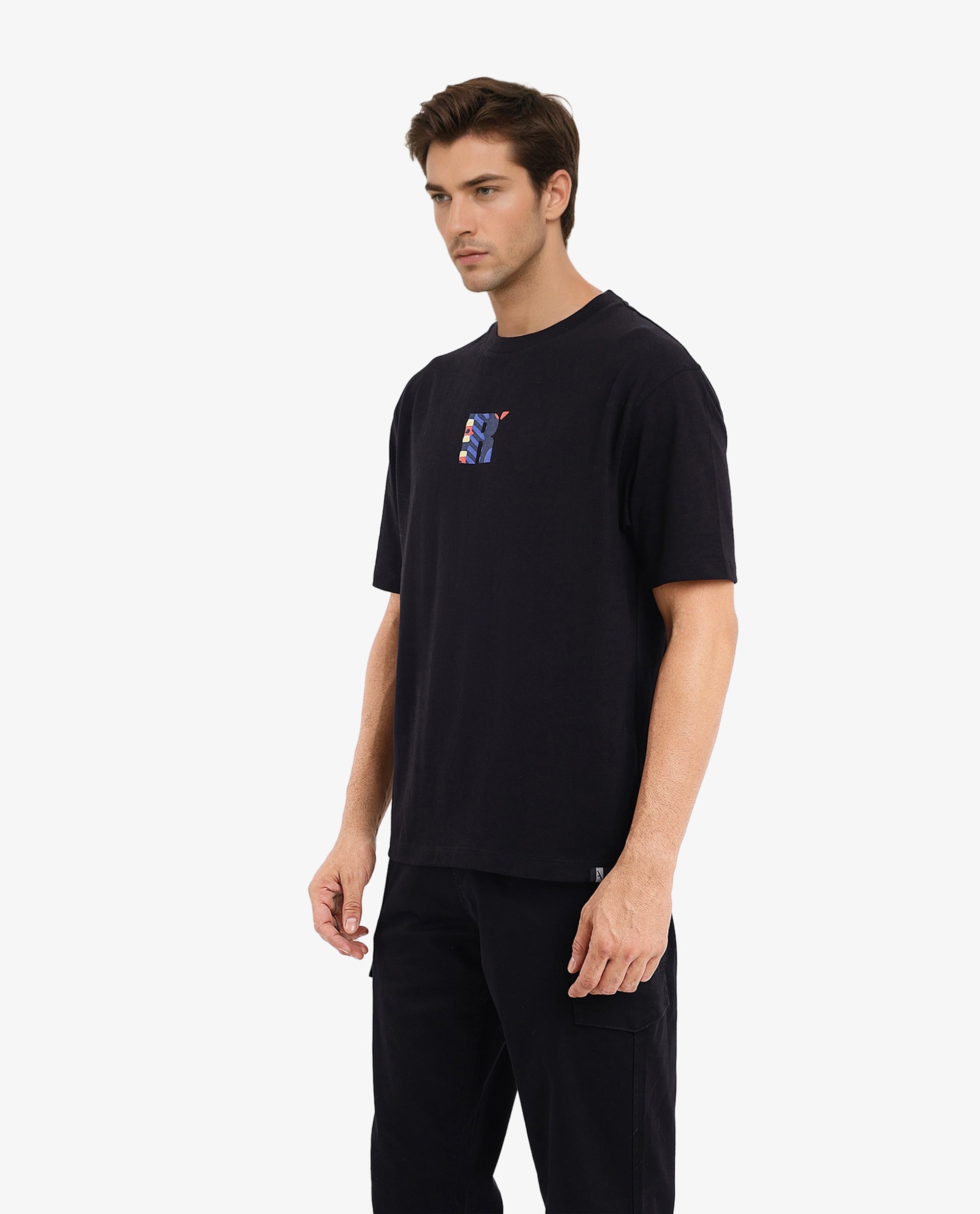 Rare Rabbit Men Bjorn Black Cotton Fabric Short Sleeve Crew Neck Oversized Fit Graphic Back Print T-Shirt