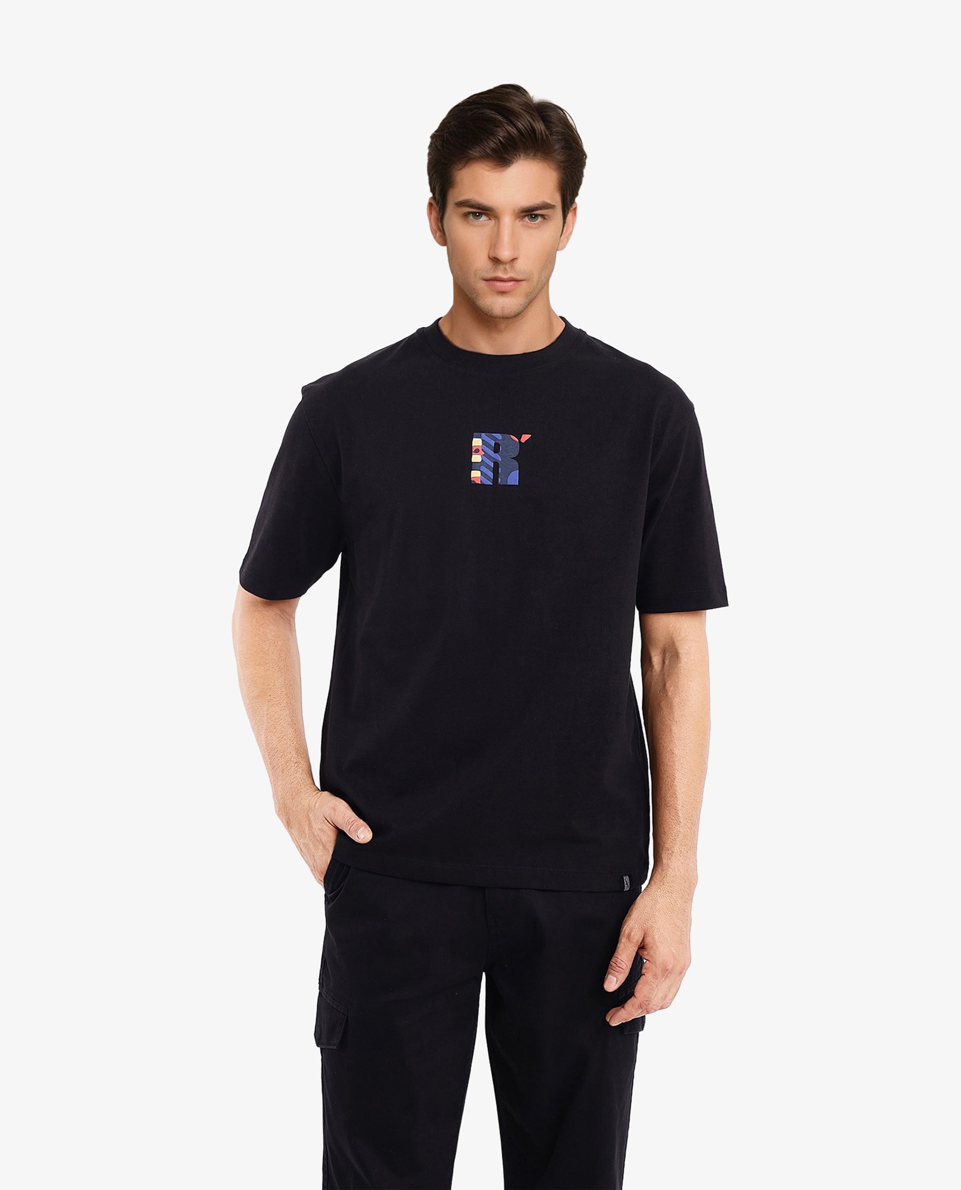 Rare Rabbit Men Bjorn Black Cotton Fabric Short Sleeve Crew Neck Oversized Fit Graphic Back Print T-Shirt