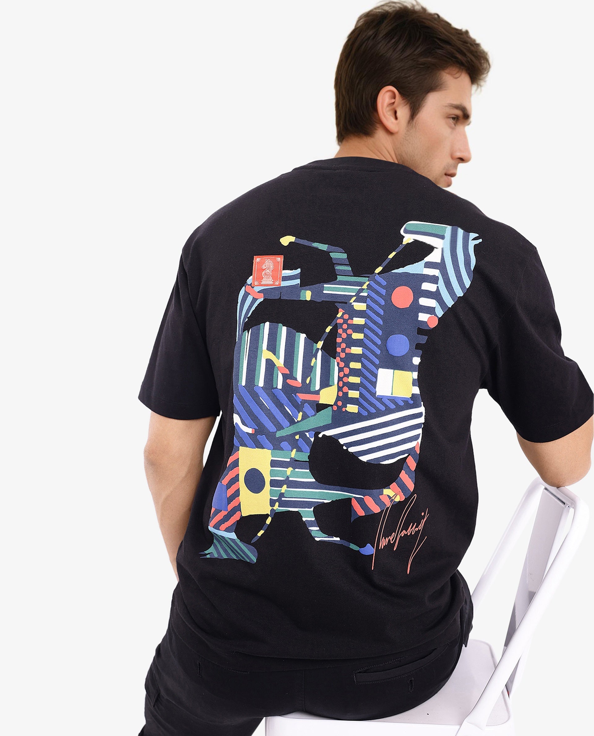 Rare Rabbit Men Bjorn Black Cotton Fabric Short Sleeve Crew Neck Oversized Fit Graphic Back Print T-Shirt