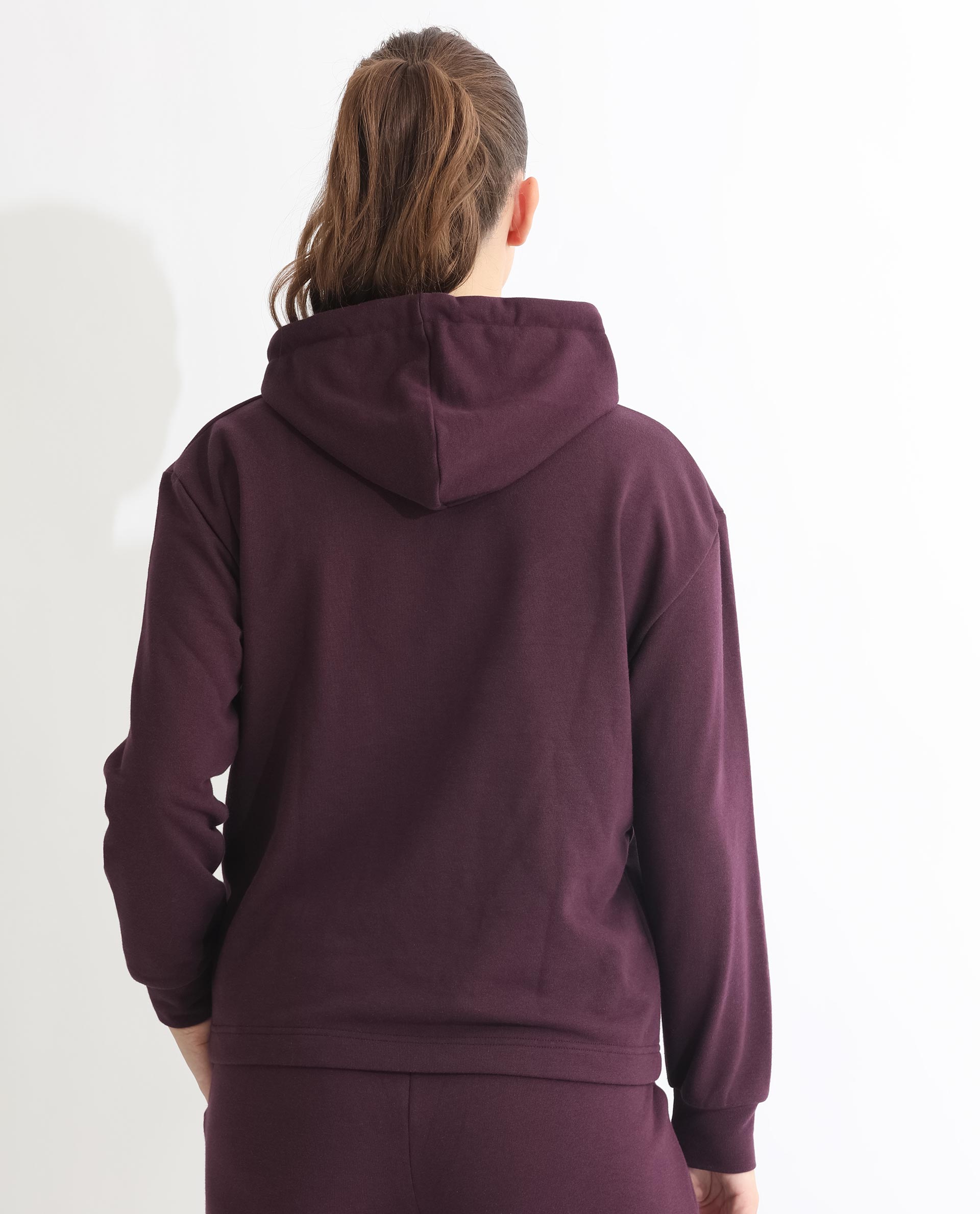 Rareism Women Blacher Dark Maroon Poly Cotton Fabric Regular Fit Full Sleeves Graphic Print Hooded Sweatshirt