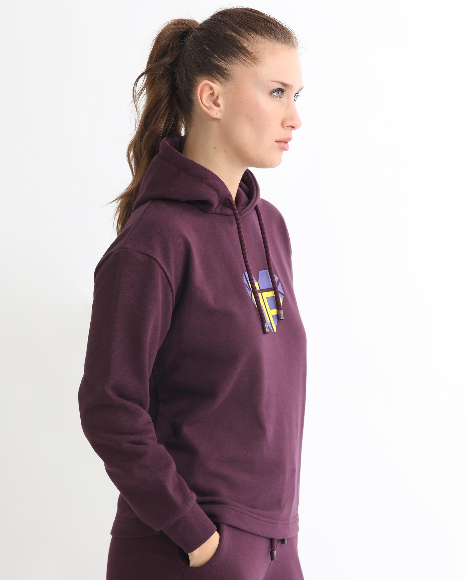 Rareism Women Blacher Dark Maroon Poly Cotton Fabric Regular Fit Full Sleeves Graphic Print Hooded Sweatshirt