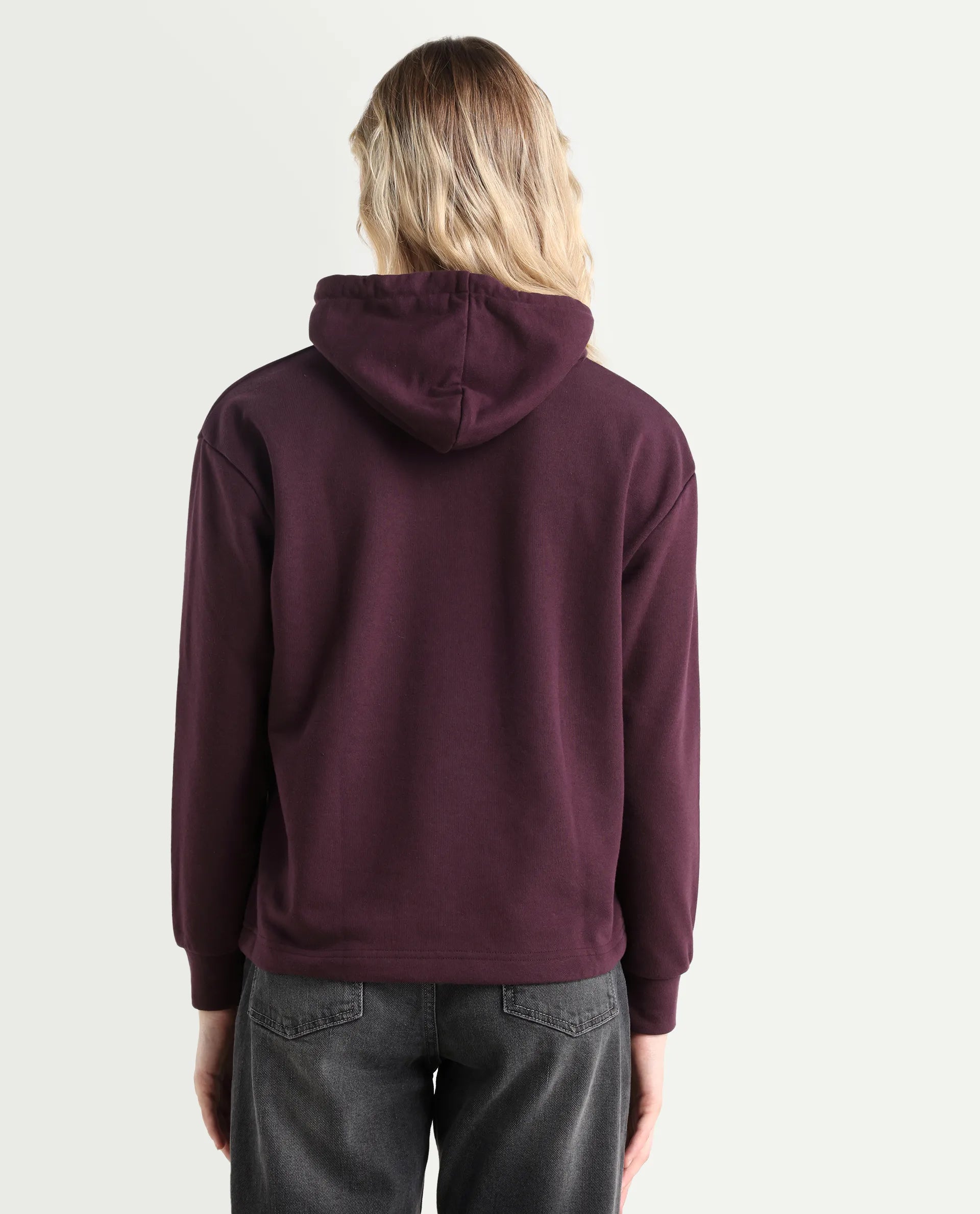 Rareism Women's Blacher Dark Maroon Polyester Blend Hooded Graphic Print Regular Fit Sweatshirt