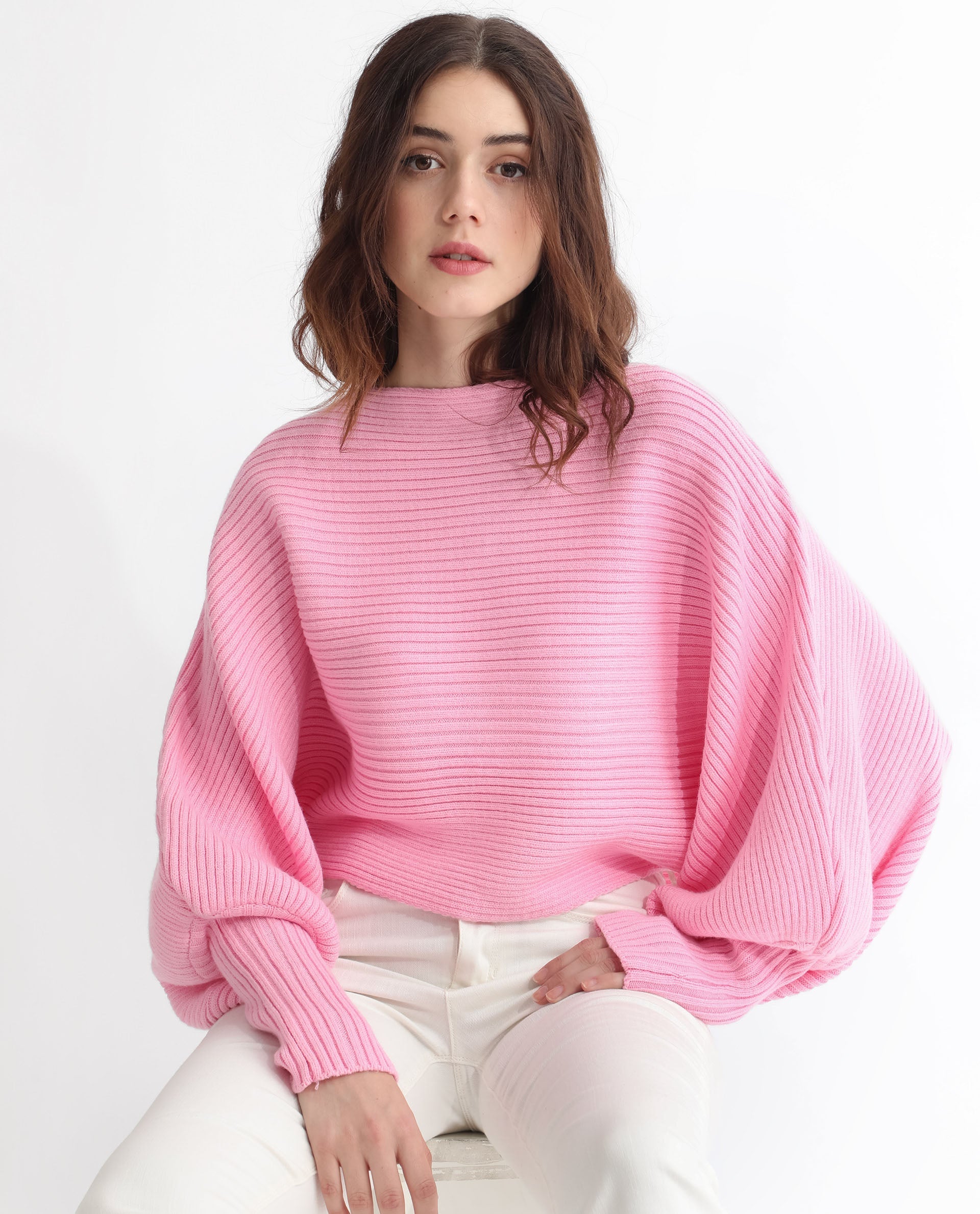 Rareism Women Blaire Light Pink Viscose Nylon Fabric Full Sleeves Round Neck Bishop Sleeve Relaxed Fit Plain Cropped Sweater