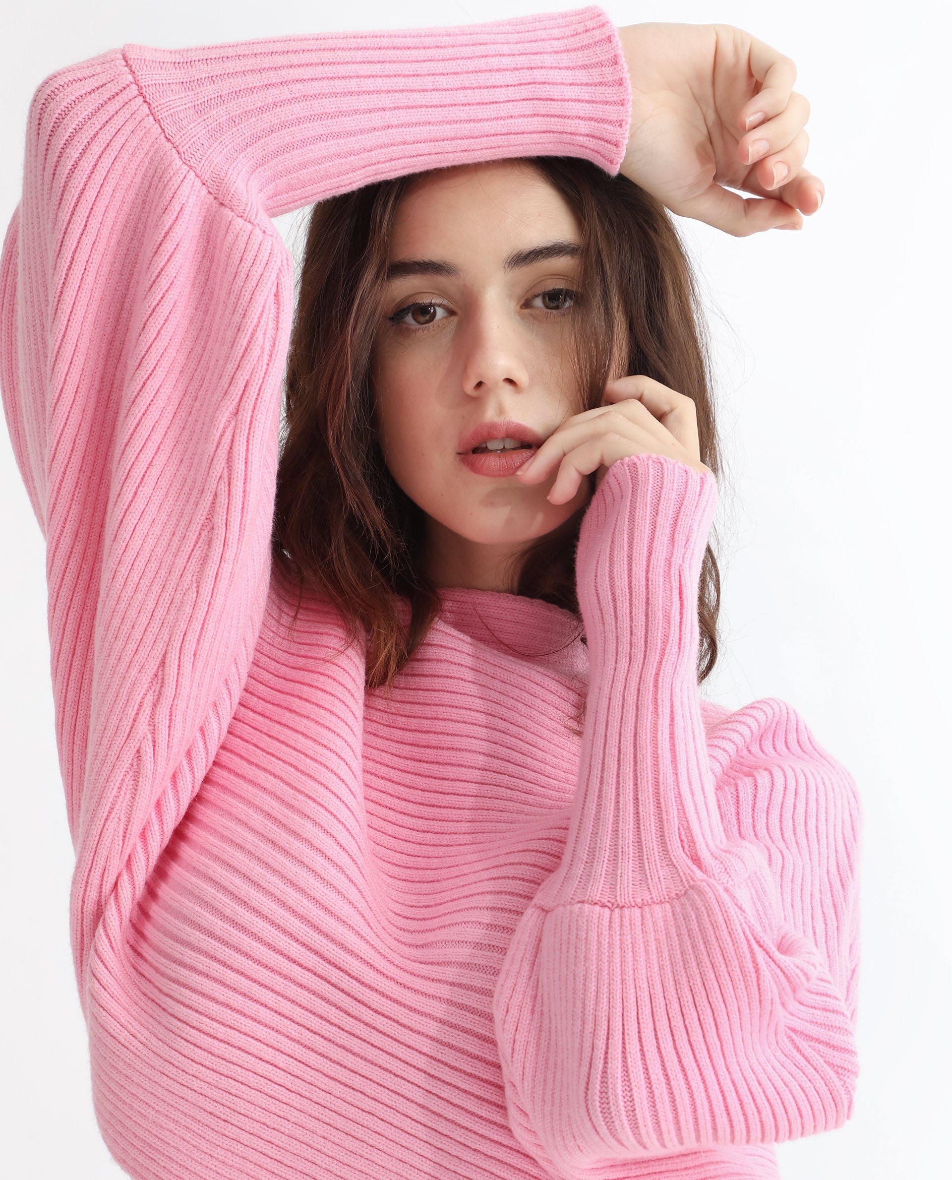 Rareism Women Blaire Light Pink Viscose Nylon Fabric Full Sleeves Round Neck Bishop Sleeve Relaxed Fit Plain Cropped Sweater