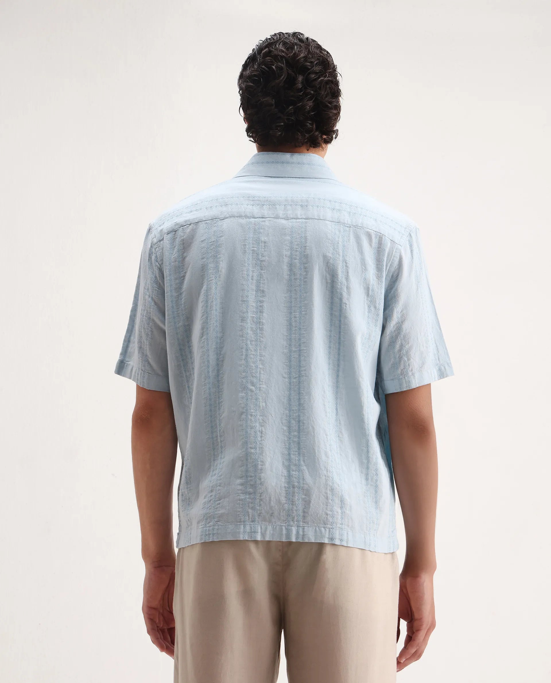 Rare Rabbit Men's Blarn Pastel Blue Cotton Blend Striped Print Boxy Fit Half Sleeve Collared Shirt