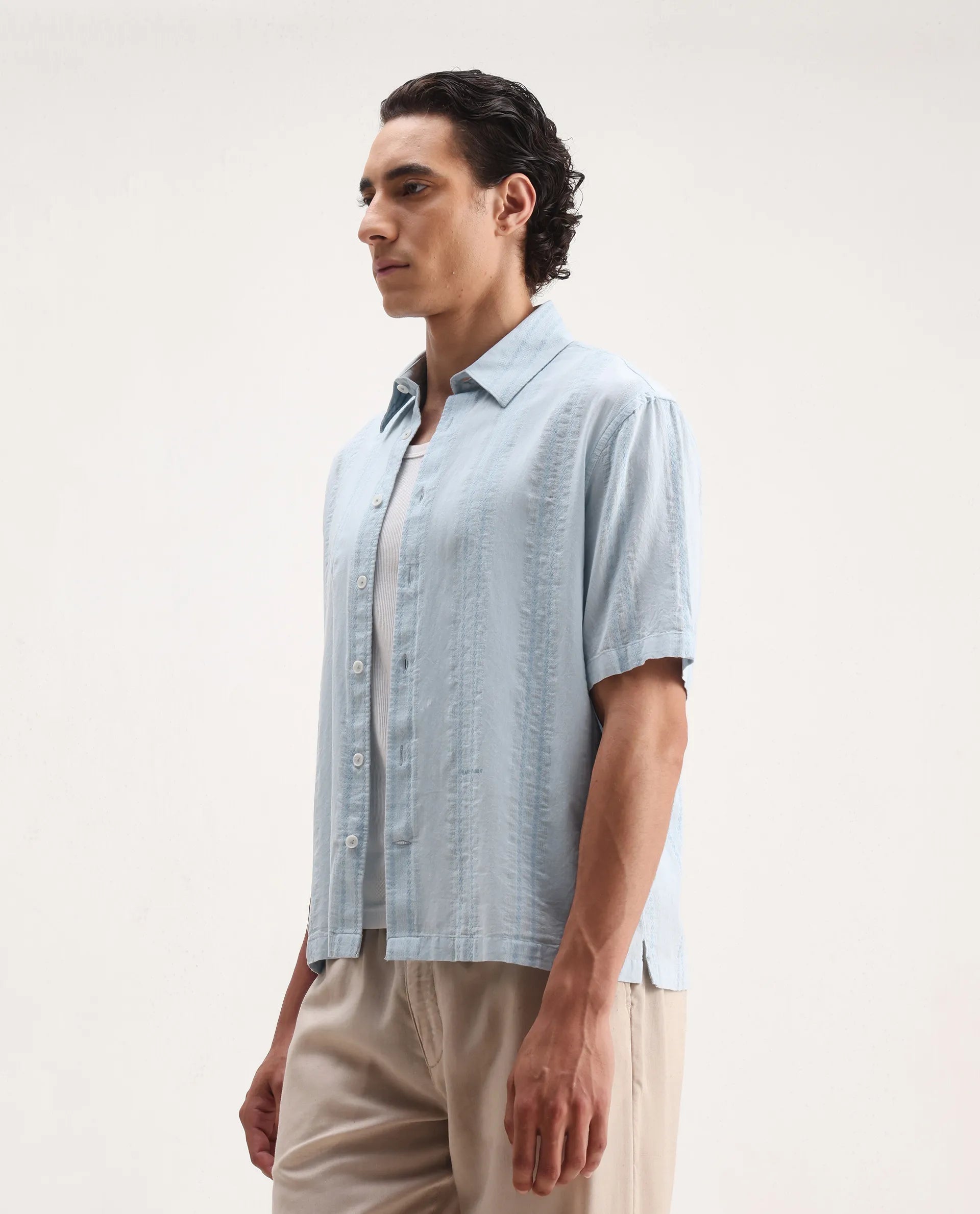 Rare Rabbit Men's Blarn Pastel Blue Cotton Blend Striped Print Boxy Fit Half Sleeve Collared Shirt