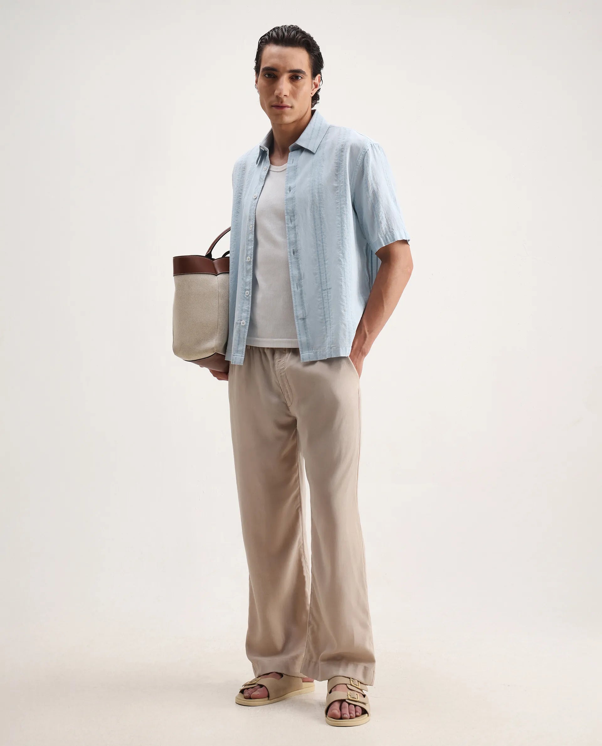 Rare Rabbit Men's Blarn Pastel Blue Cotton Blend Striped Print Boxy Fit Half Sleeve Collared Shirt