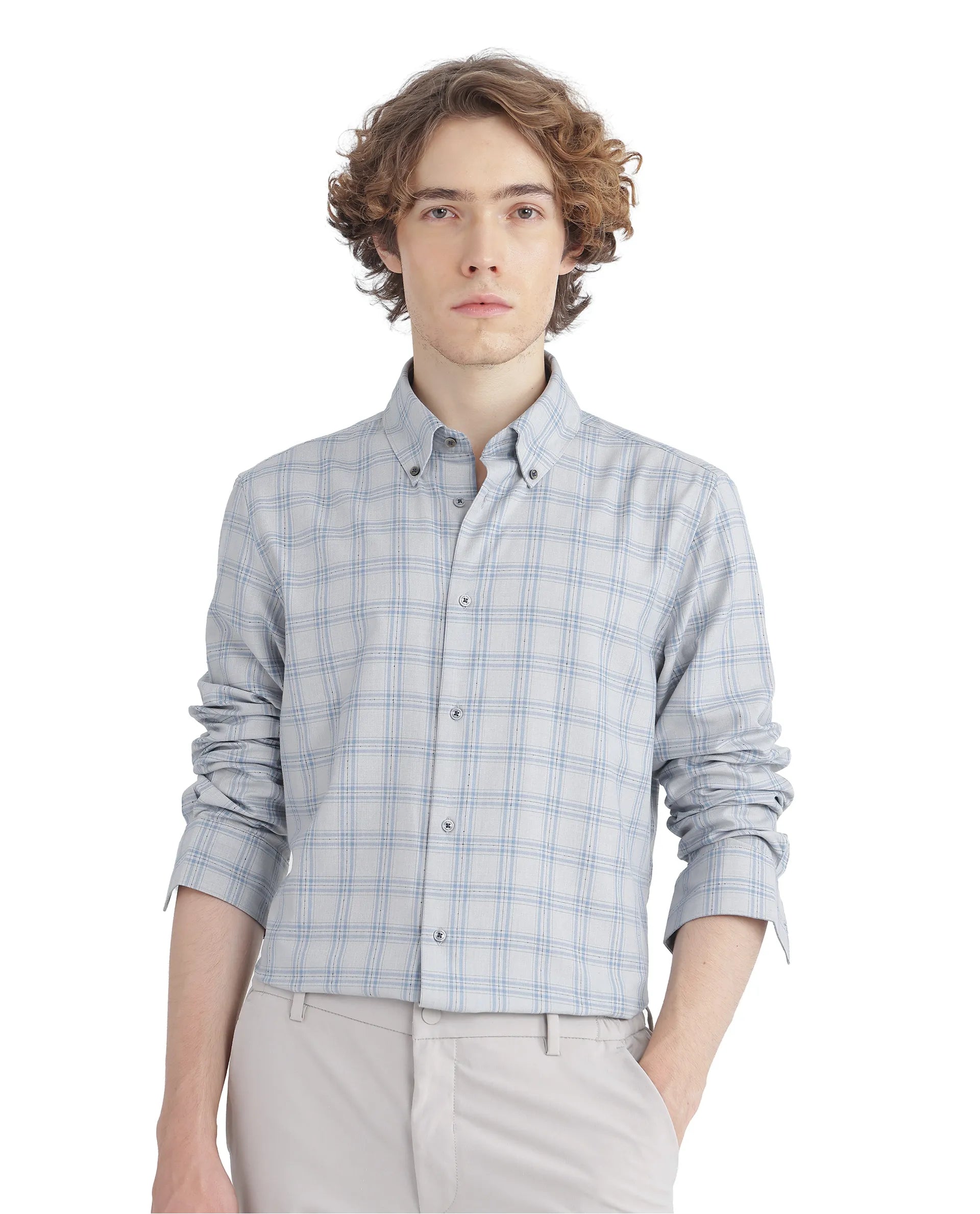 Rare Rabbit Men's Blase Light Grey Cotton Fabric Full Sleeve Collared Neck Checks Shirt