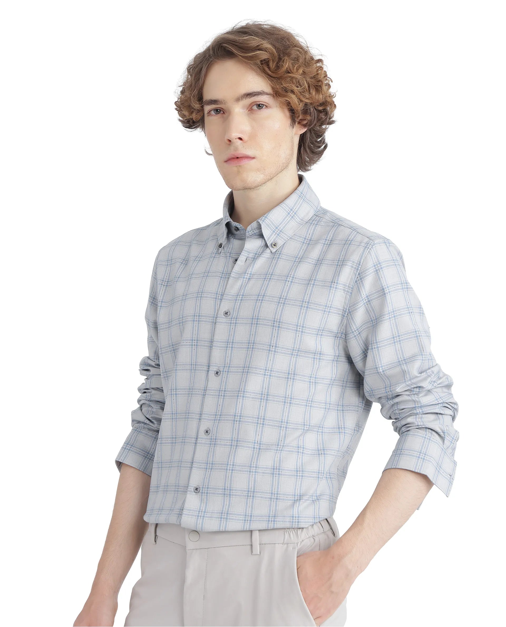 Rare Rabbit Men's Blase Light Grey Cotton Fabric Full Sleeve Collared Neck Checks Shirt