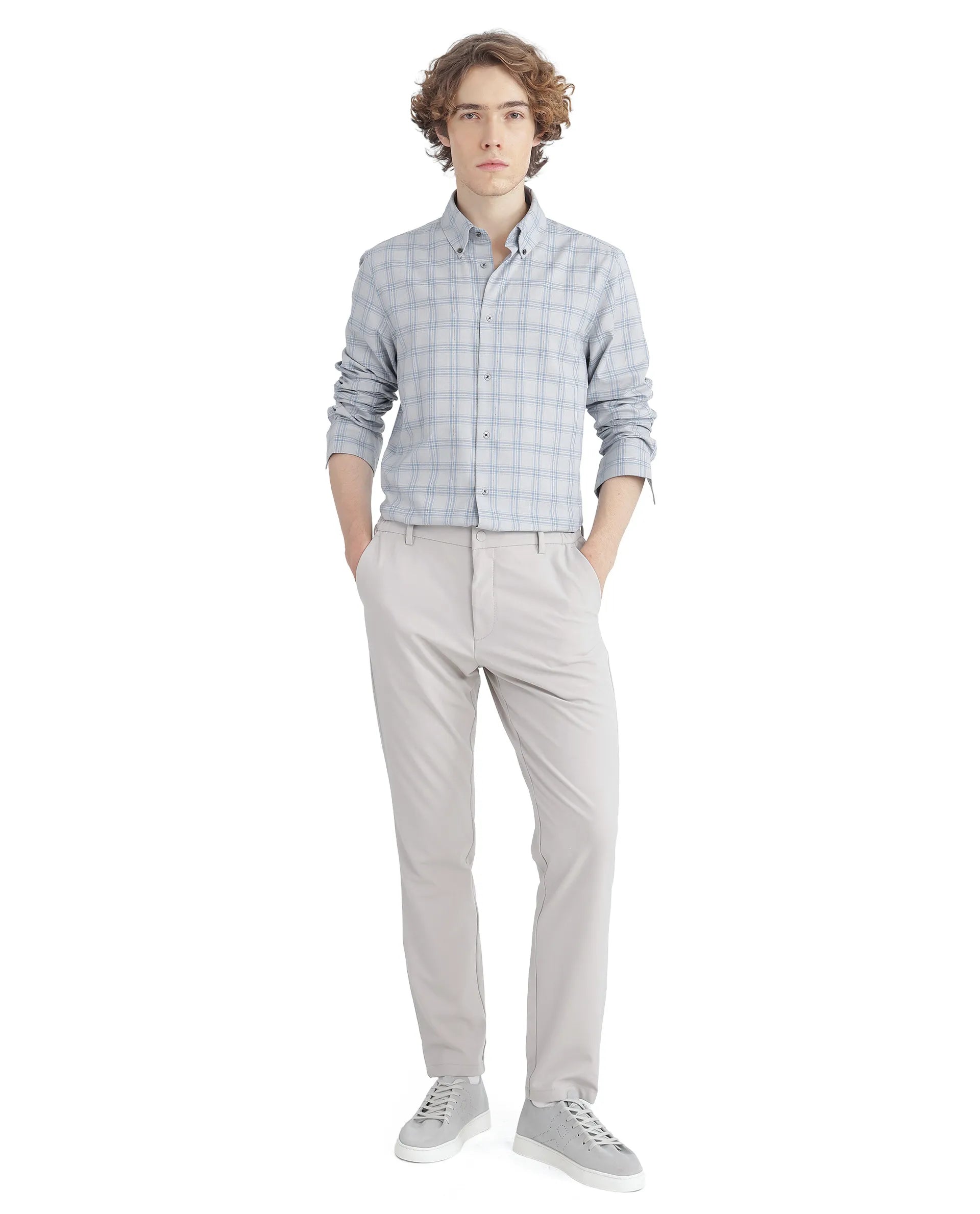 Rare Rabbit Men's Blase Light Grey Cotton Fabric Full Sleeve Collared Neck Checks Shirt