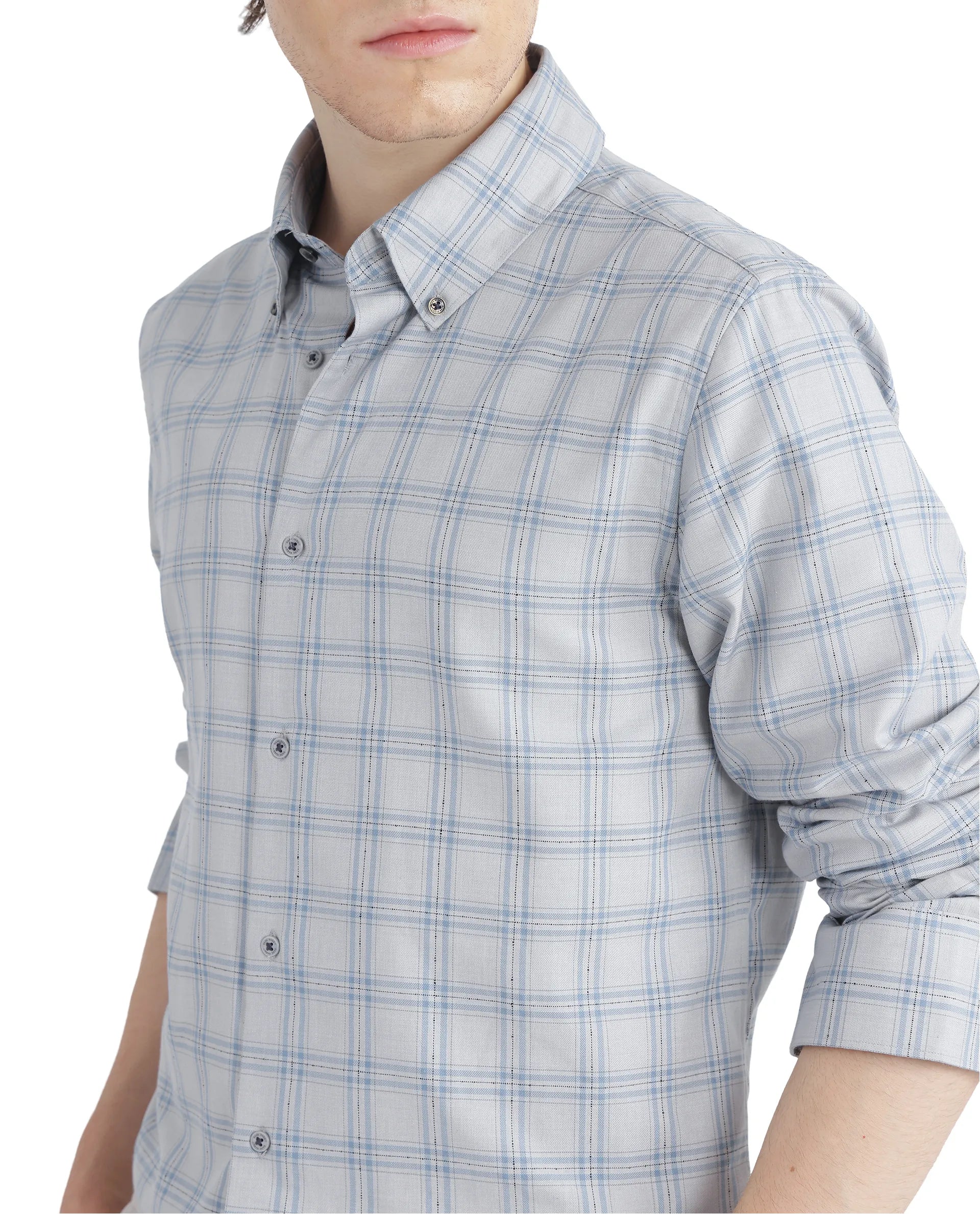 Rare Rabbit Men's Blase Light Grey Cotton Fabric Full Sleeve Collared Neck Checks Shirt