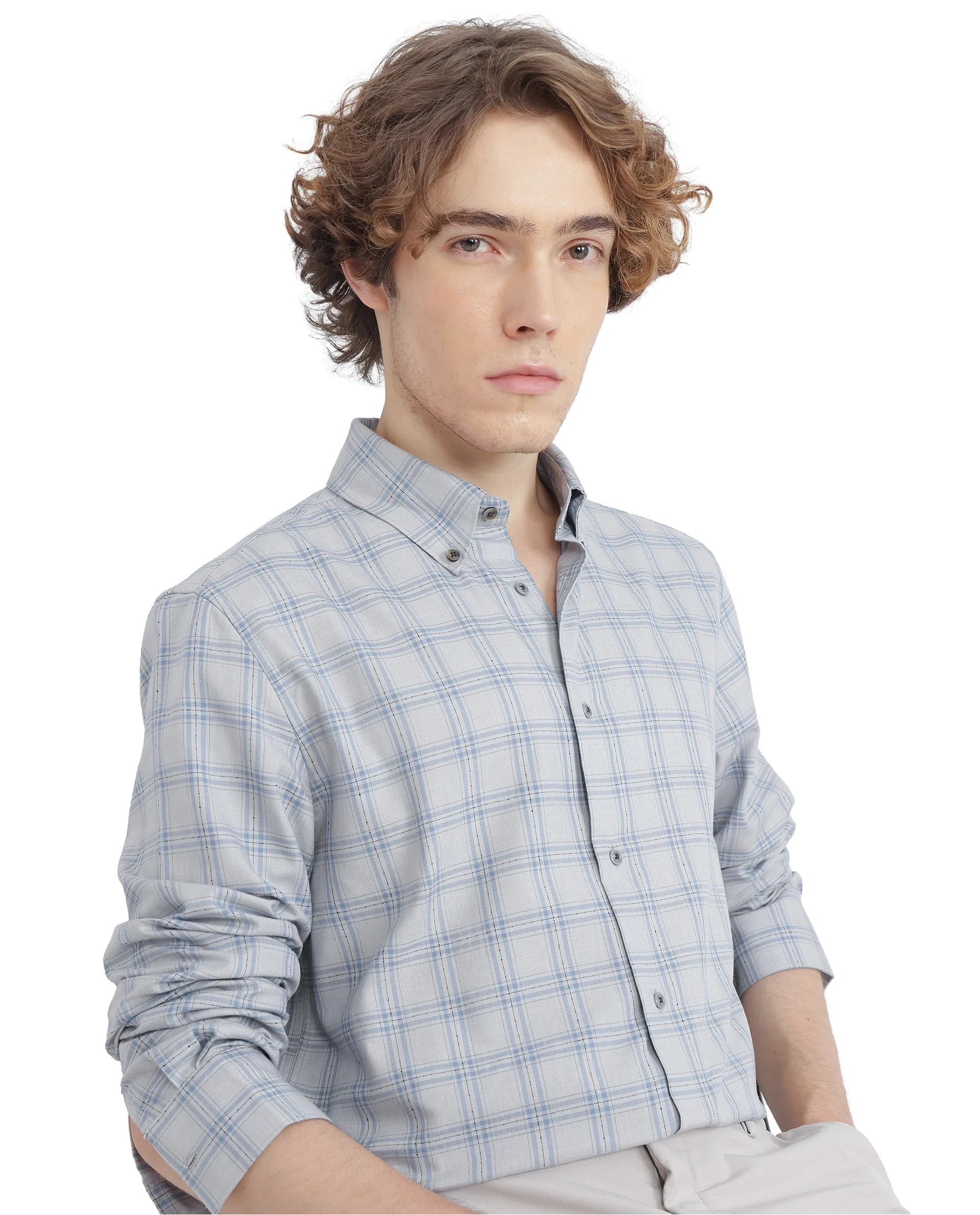 Rare Rabbit Men's Blase Light Grey Cotton Fabric Full Sleeve Collared Neck Checks Shirt