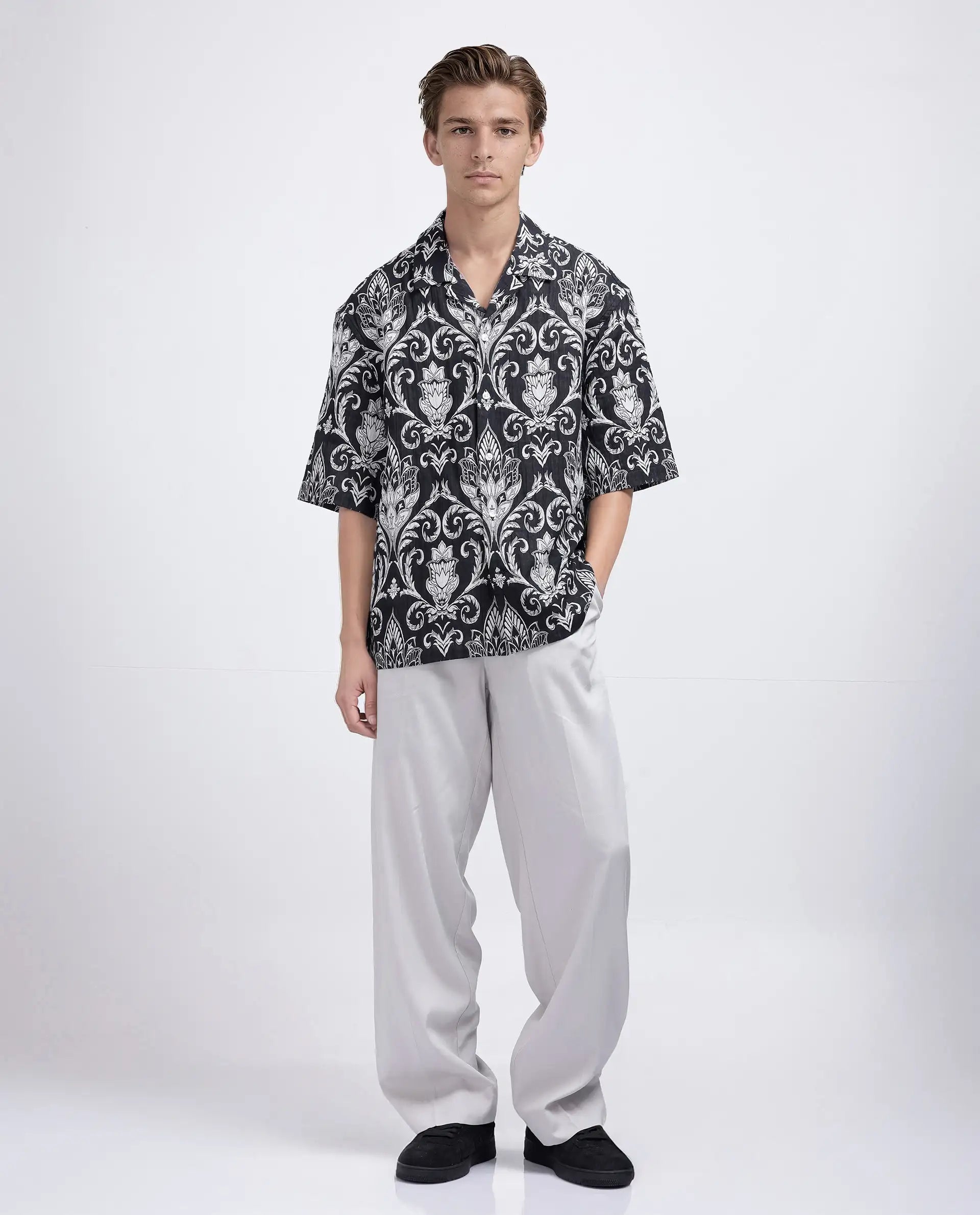 Rare Rabbit Men Ble Black Cotton Blend Fabric Short Sleeve Collared Neck Plain Shirt