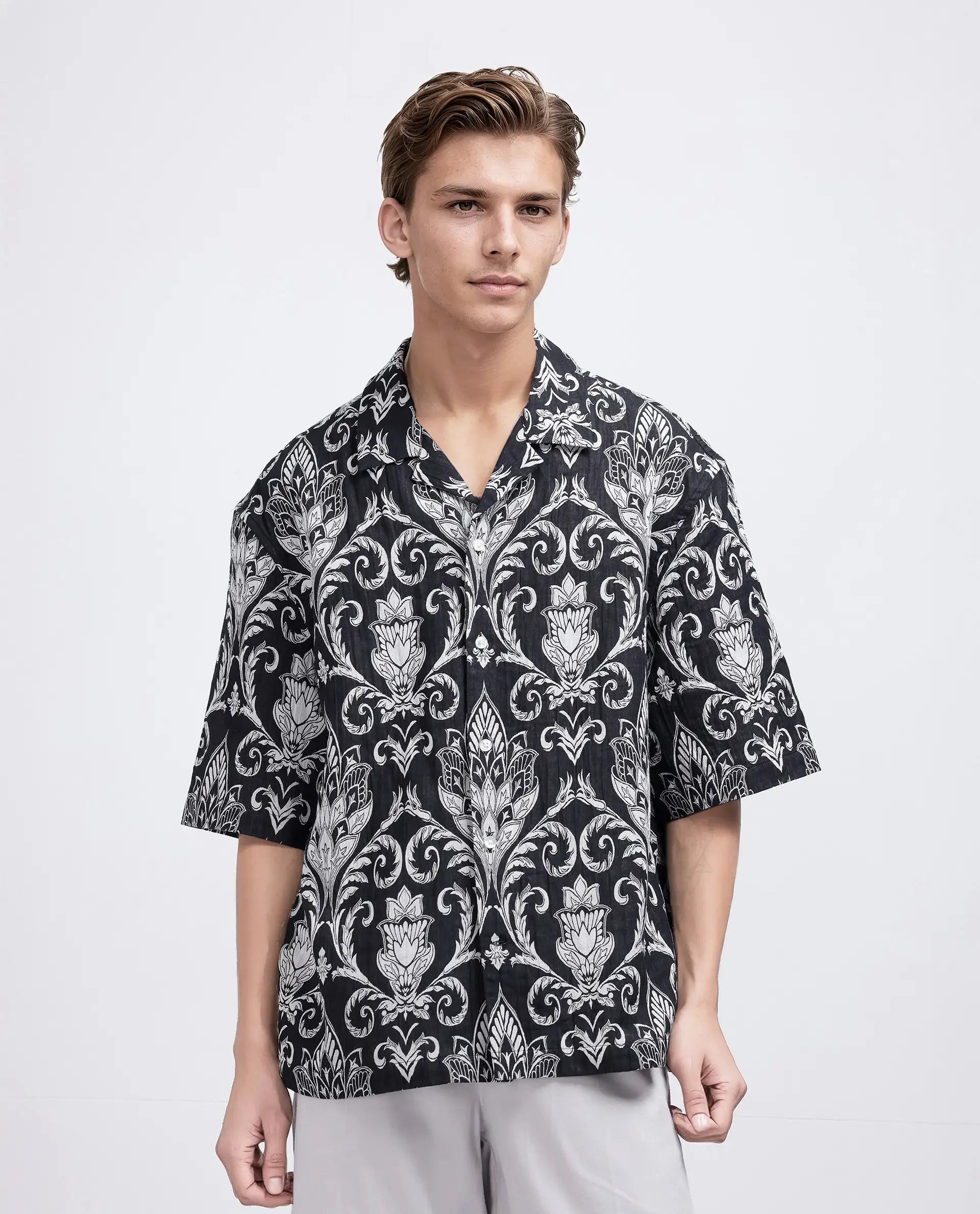 Rare Rabbit Men Ble Black Cotton Blend Fabric Short Sleeve Collared Neck Plain Shirt