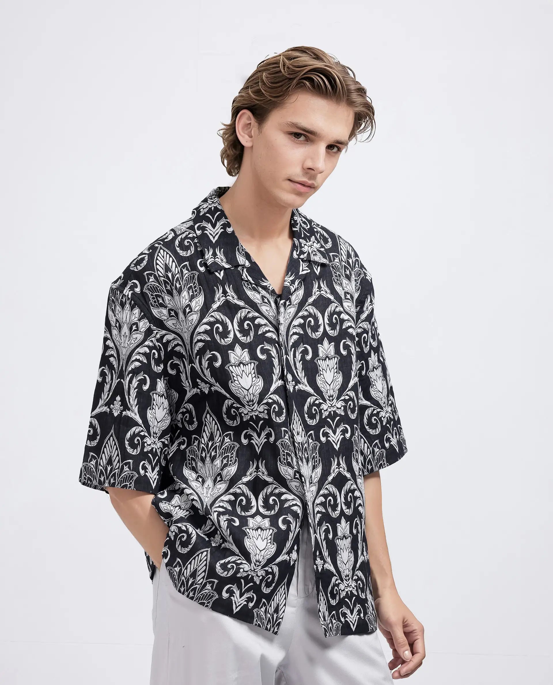 Rare Rabbit Men Ble Black Cotton Blend Fabric Short Sleeve Collared Neck Plain Shirt