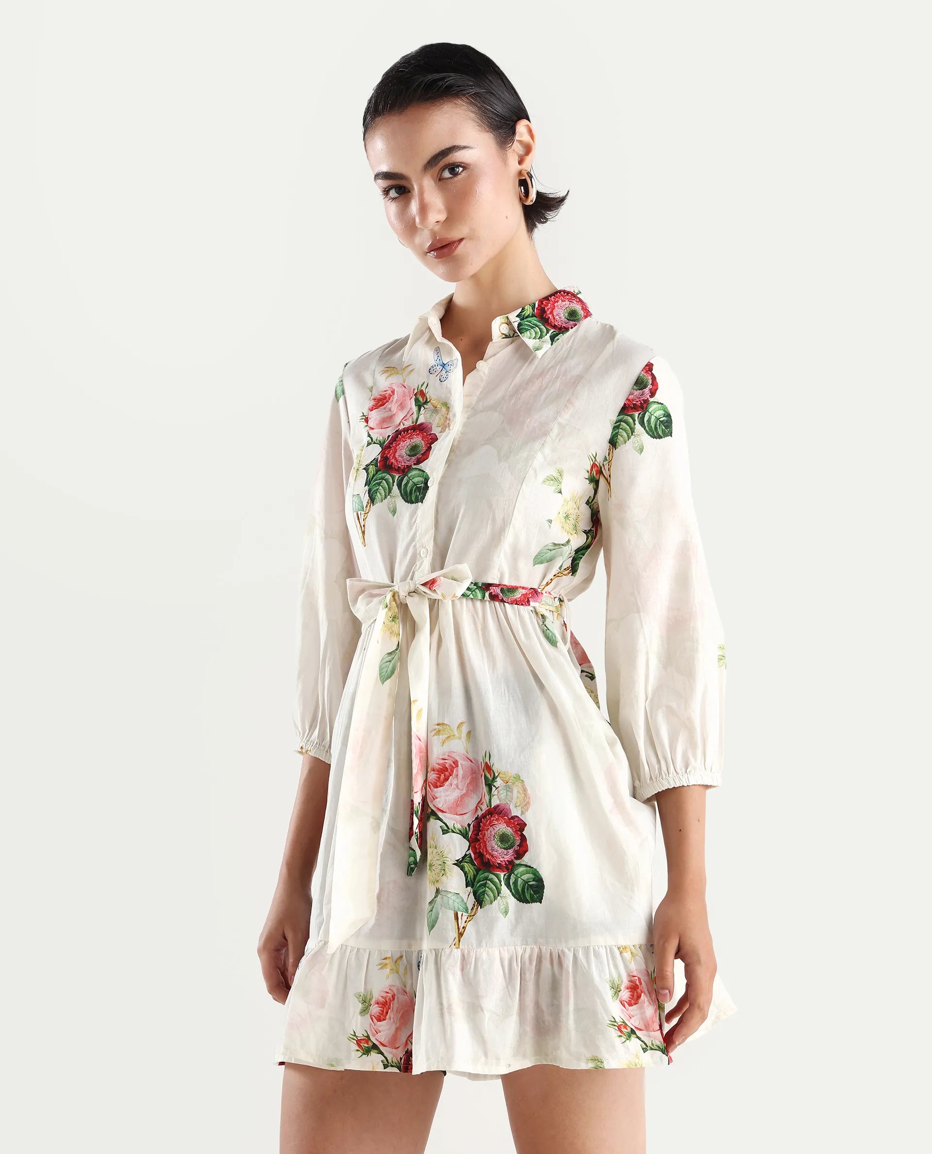 Rareism Women's Blecki Off White Cotton Drop Collar Floral Print Cuffed Sleeve Mini Fit And Flare Dress