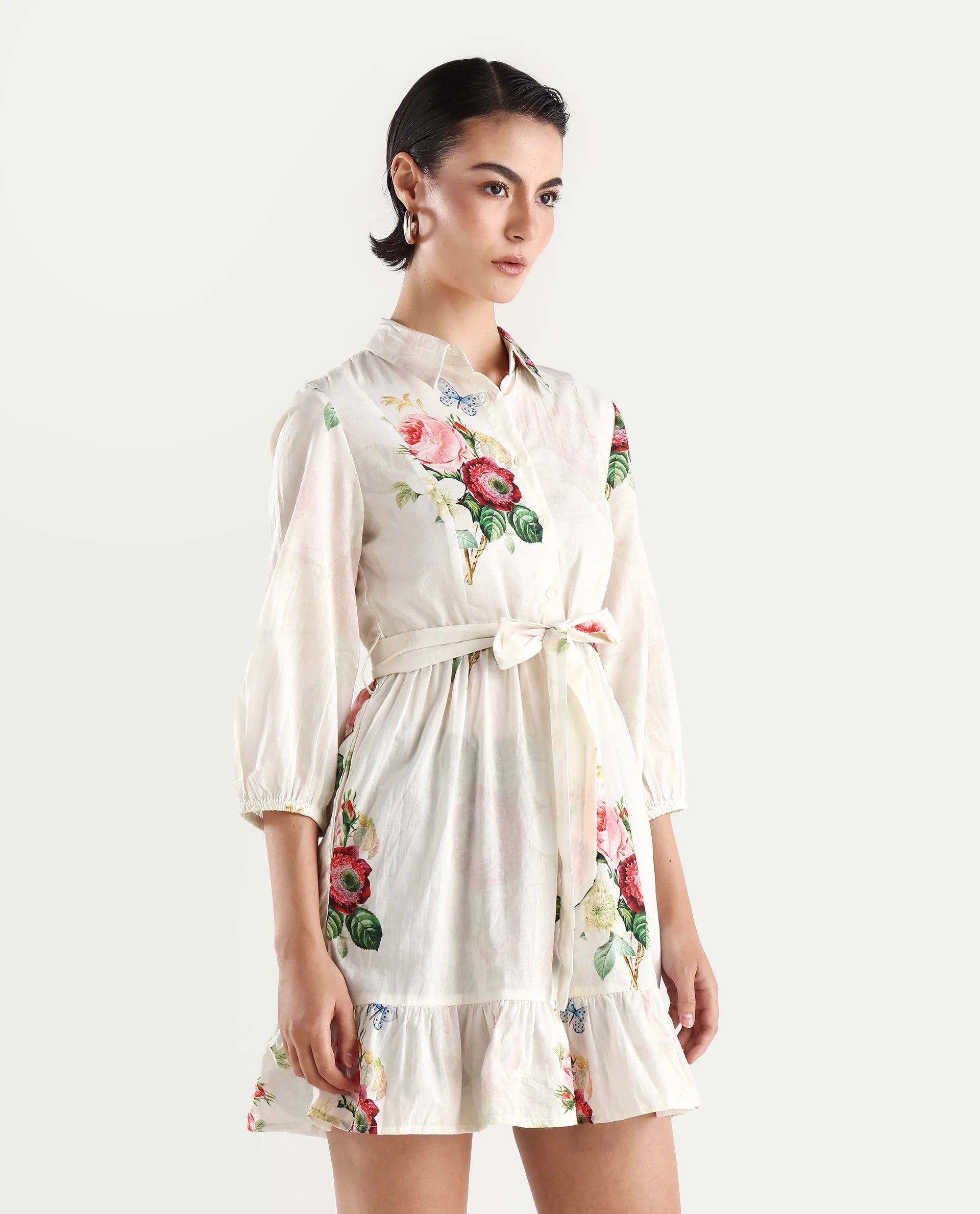 Rareism Women's Blecki Off White Cotton Drop Collar Floral Print Cuffed Sleeve Mini Fit And Flare Dress