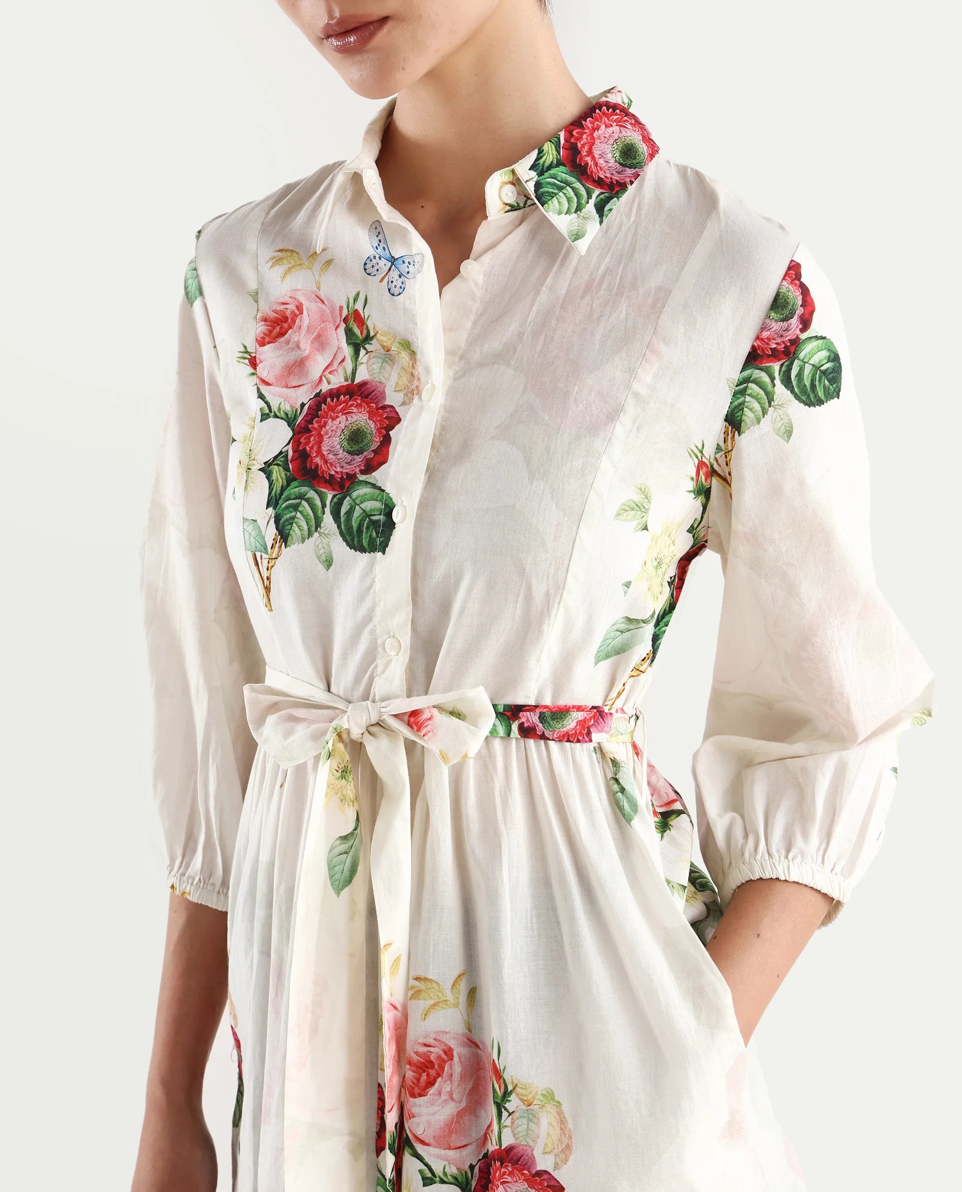 Rareism Women's Blecki Off White Cotton Drop Collar Floral Print Cuffed Sleeve Mini Fit And Flare Dress