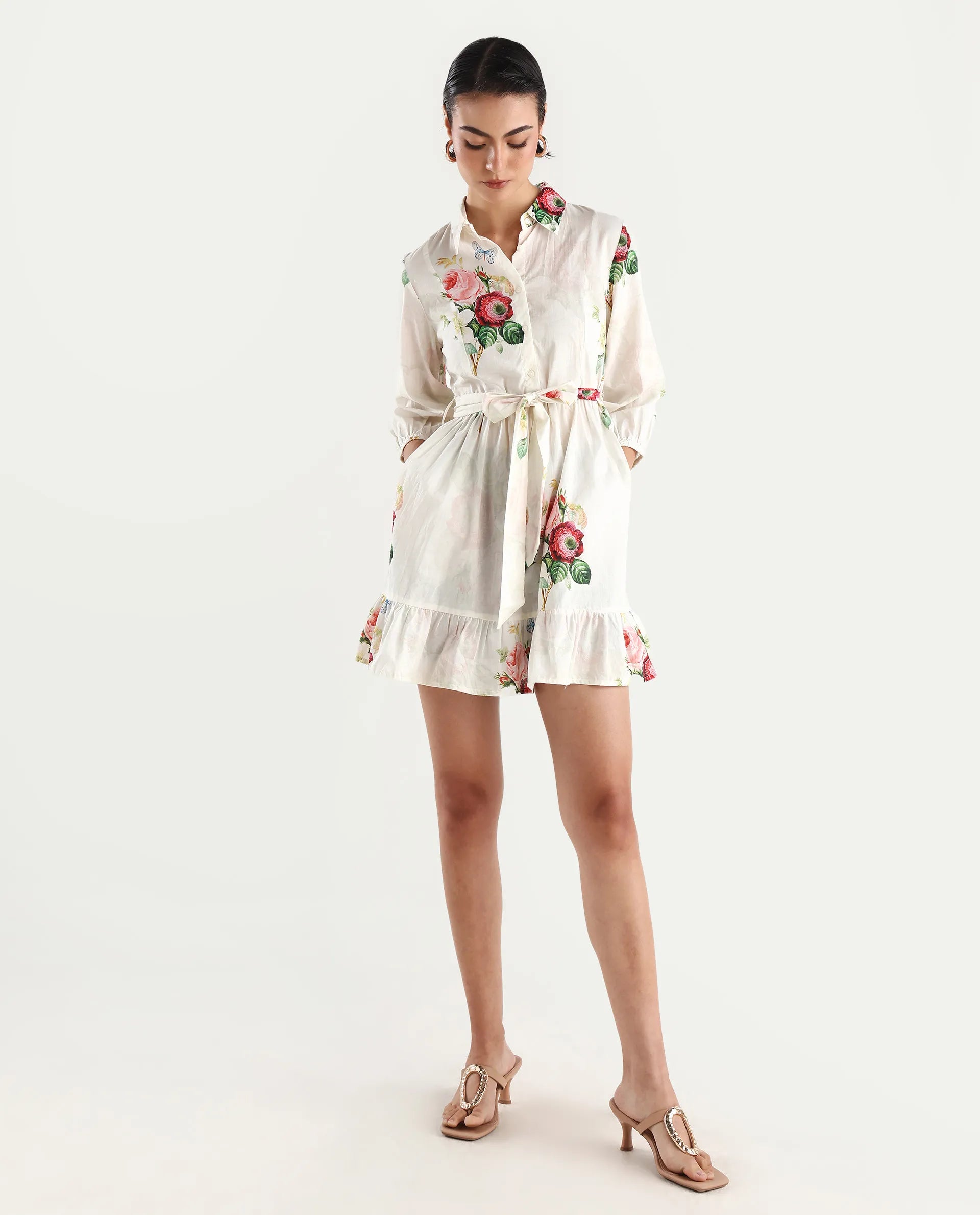 Rareism Women's Blecki Off White Cotton Drop Collar Floral Print Cuffed Sleeve Mini Fit And Flare Dress