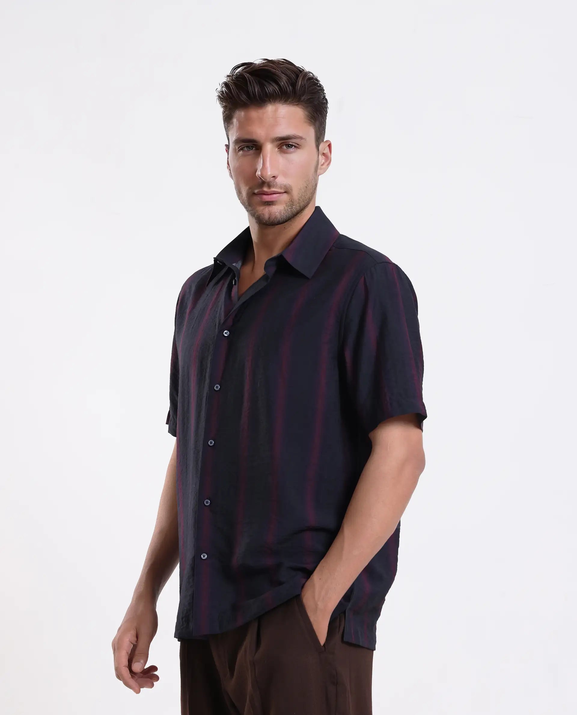 Rare Rabbit Men's Blen Black Viscose Blend Fabric Half Sleeve Spread Collar Ombre Print Shirt