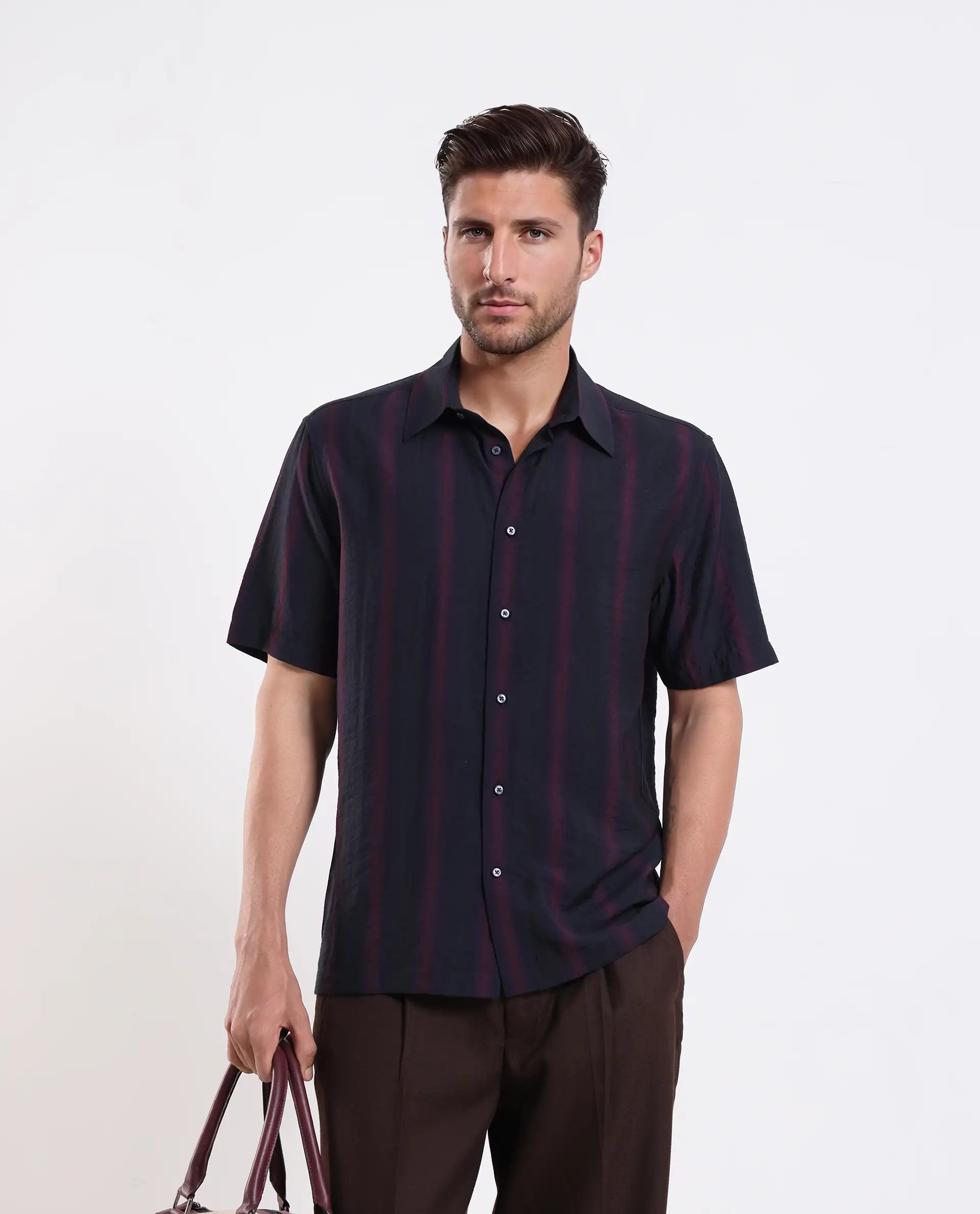 Rare Rabbit Men's Blen Black Viscose Blend Fabric Half Sleeve Spread Collar Ombre Print Shirt