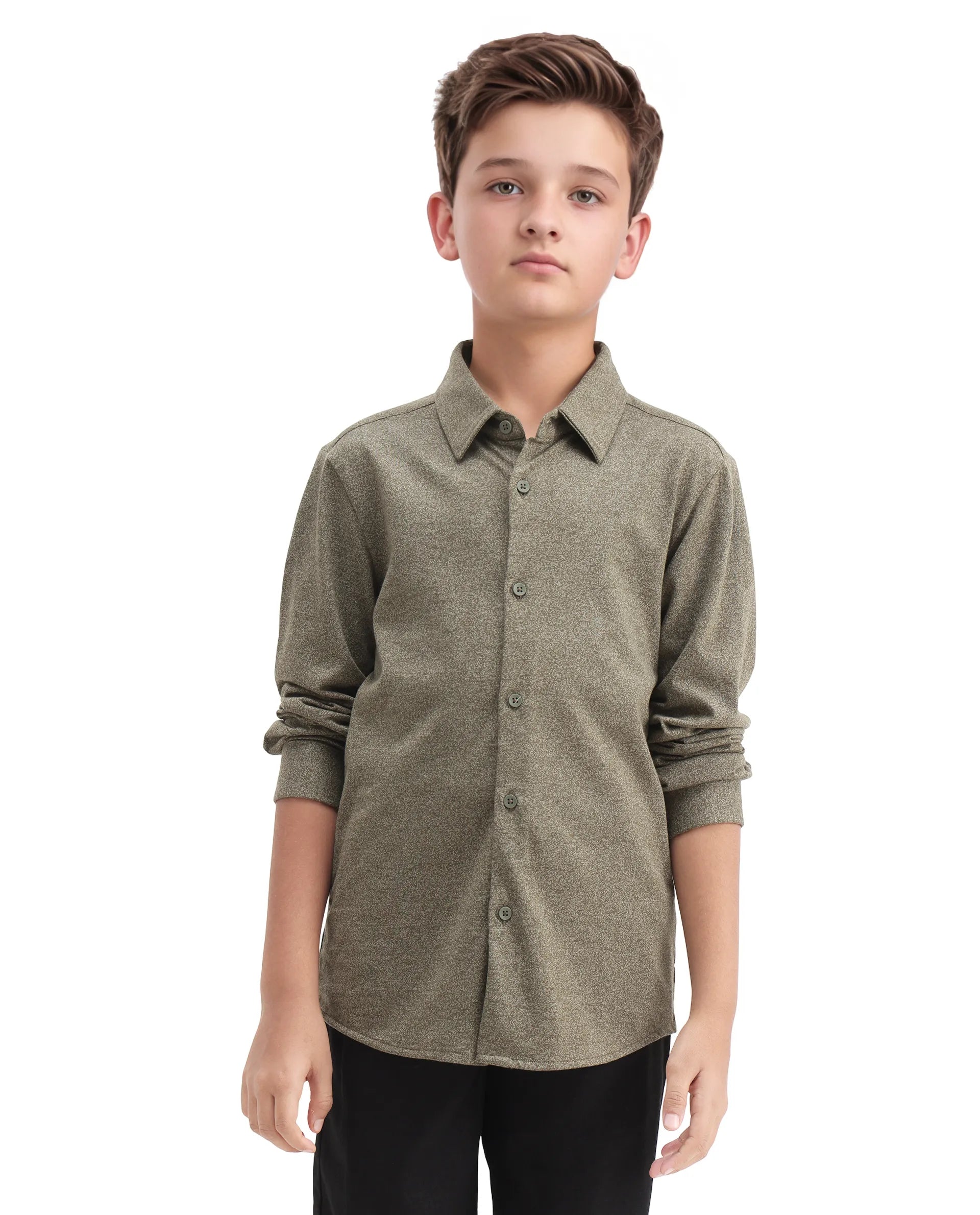 Rare Ones Kids Bler-K Olive Cotton Blend Solid Button Closure Regular Fit Shirt