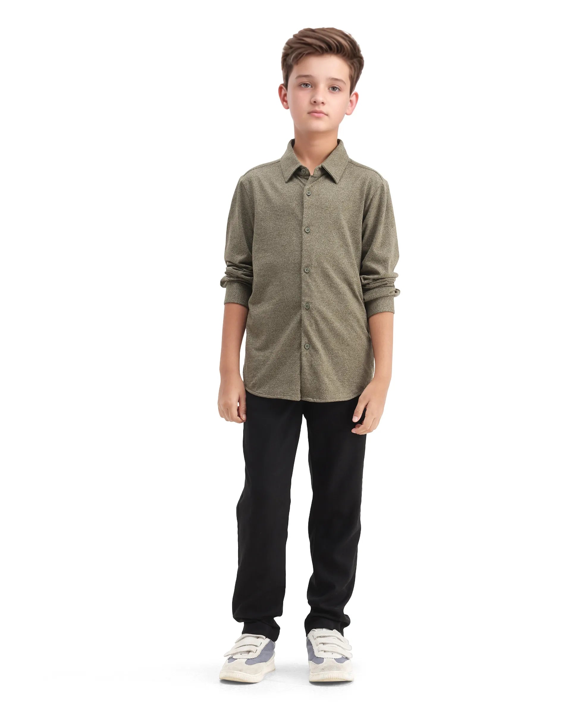 Rare Ones Kids Bler-K Olive Cotton Blend Solid Button Closure Regular Fit Shirt