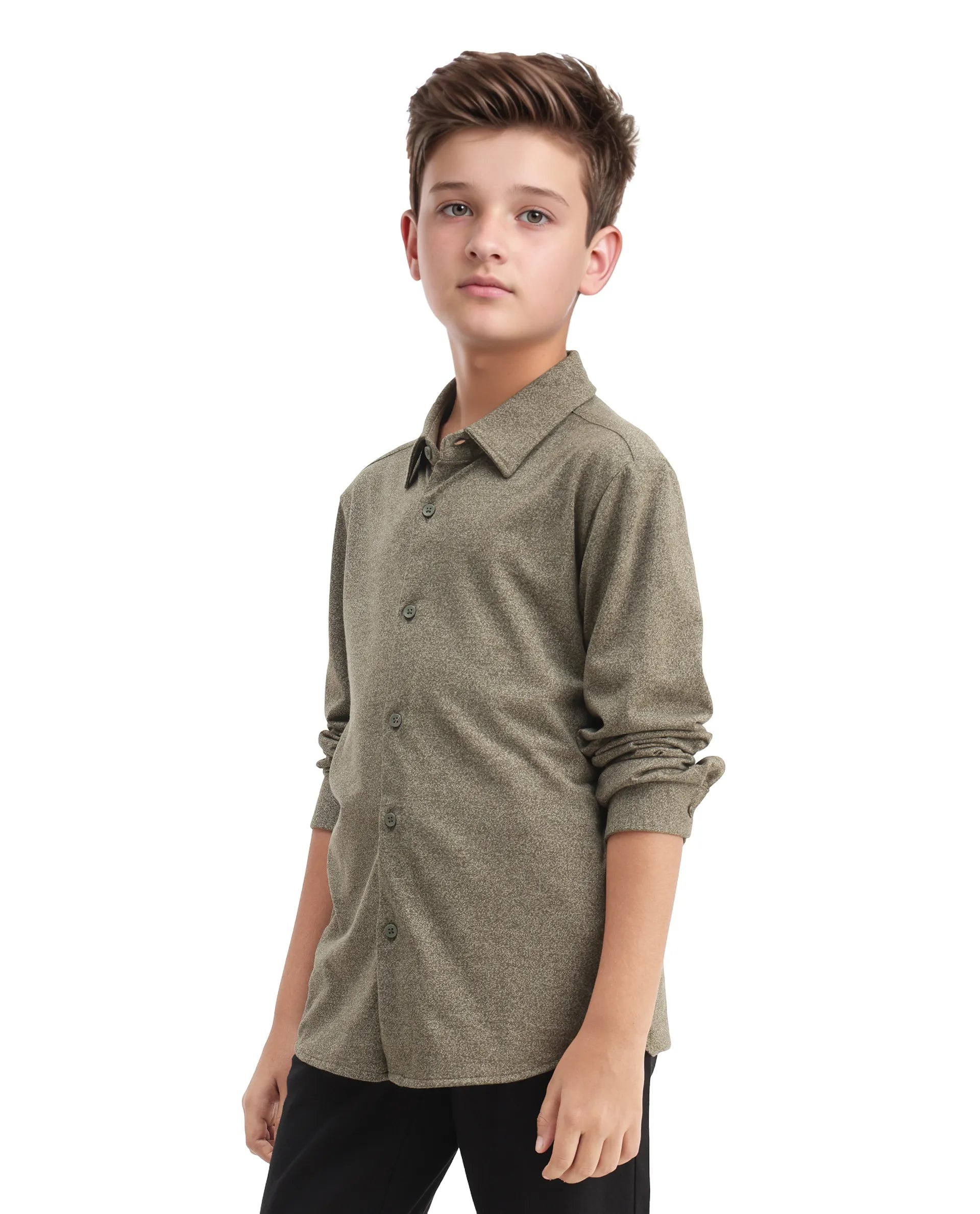 Rare Ones Kids Bler-K Olive Cotton Blend Solid Button Closure Regular Fit Shirt