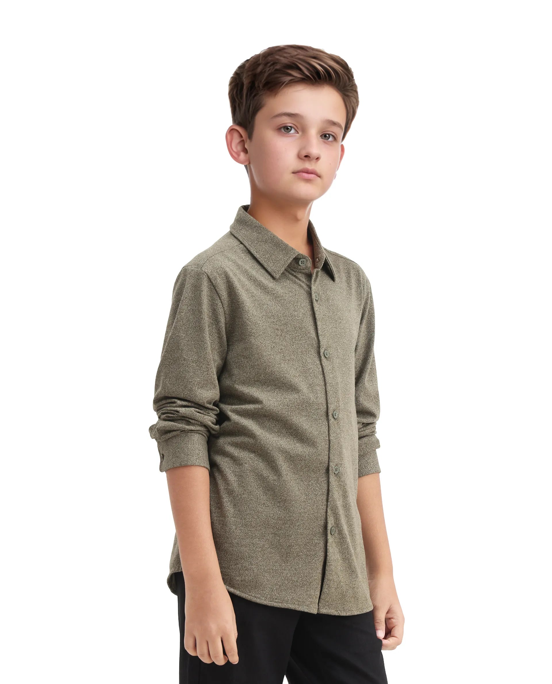 Rare Ones Kids Bler-K Olive Cotton Blend Solid Button Closure Regular Fit Shirt