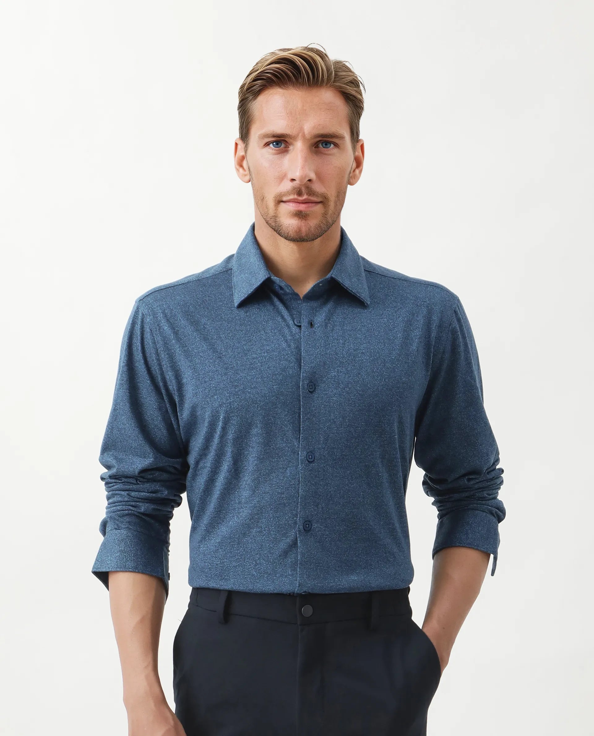 Rare Rabbit Men's Bler Blue Cotton Blend Plain Regular Fit Full Sleeve Collared Shirt