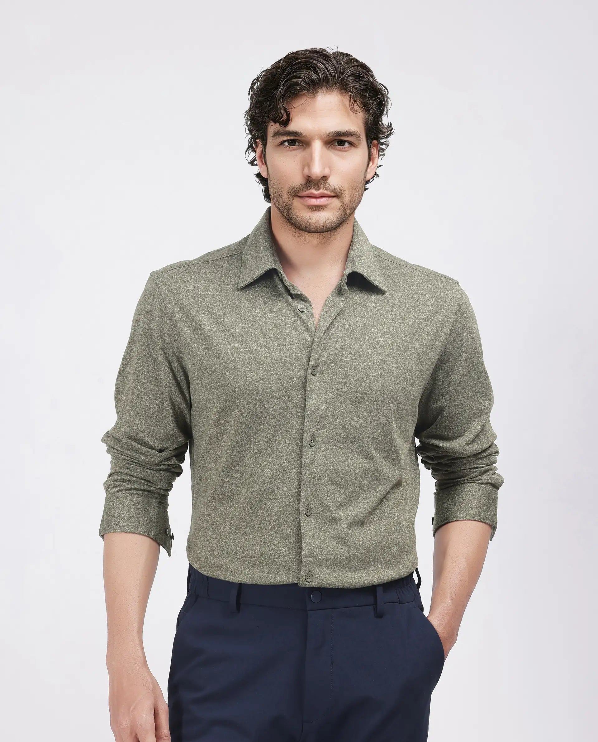 Rare Rabbit Men's Bler Olive Cotton Poly Fabric Full Sleeve Spread Collar Button Closure Regular Fit Plain Shirt